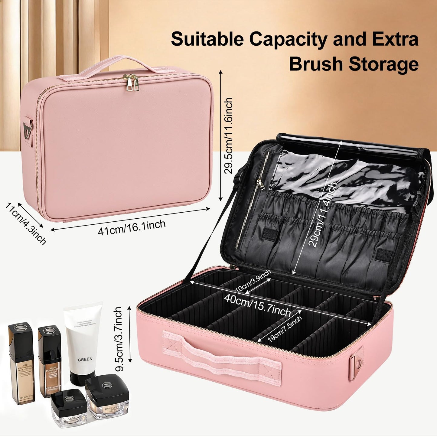 Large Travel Makeup Case, Professional Makeup Train Case Organizer for Women, Cosmetic Brush Bag Holder Waterproof Makeup Artist Storage Box with Adjustable Dividers and Shoulder Strap, Leather Pink