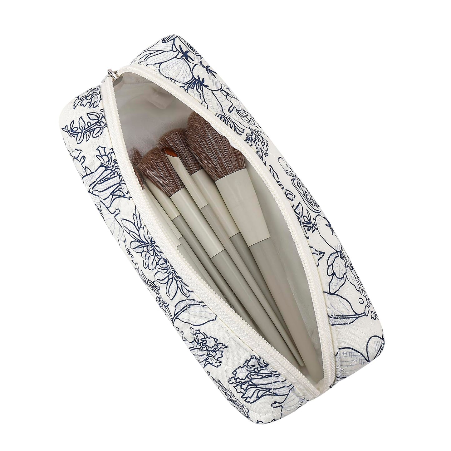 HHQQWZ Cute Floral Cotton Makeup Brush Cosmetic Bag for Women, Travel Quilted Zipper Make Up Bag, Flowers Toiletry Organizer Case Kawaii Makeup Cosmetic Travel Cloth Pouch (Blue+Navy Blue)