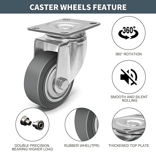 3 Inch Caster Wheels, Rubber Wheels Silent Castor- Set of 4 Heavy Duty Caster Wheels with Brake 1200Lbs, Industrial Plate Casters Wheels for Cart Furniture Workbench (4 Swivel)