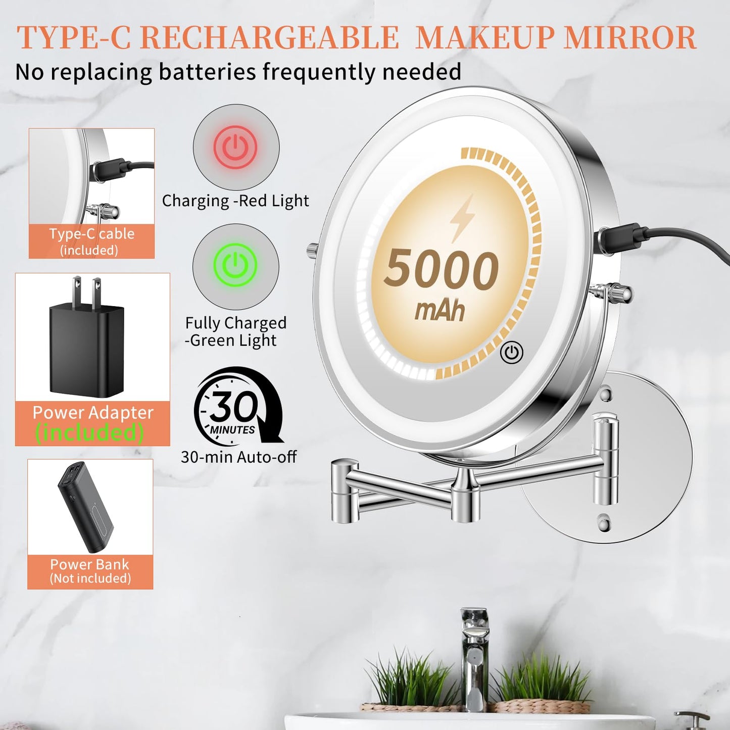 FUNTOUCH 5000mAh Rechargeable Wall Mounted Makeup Mirror with Lights, 9" Double Sided 1X/30X Magnifying Mirror with Dimmable 3 Color Light, Extended Swing Arm 360° Wall Mount Bathroom Mirror,Chrome