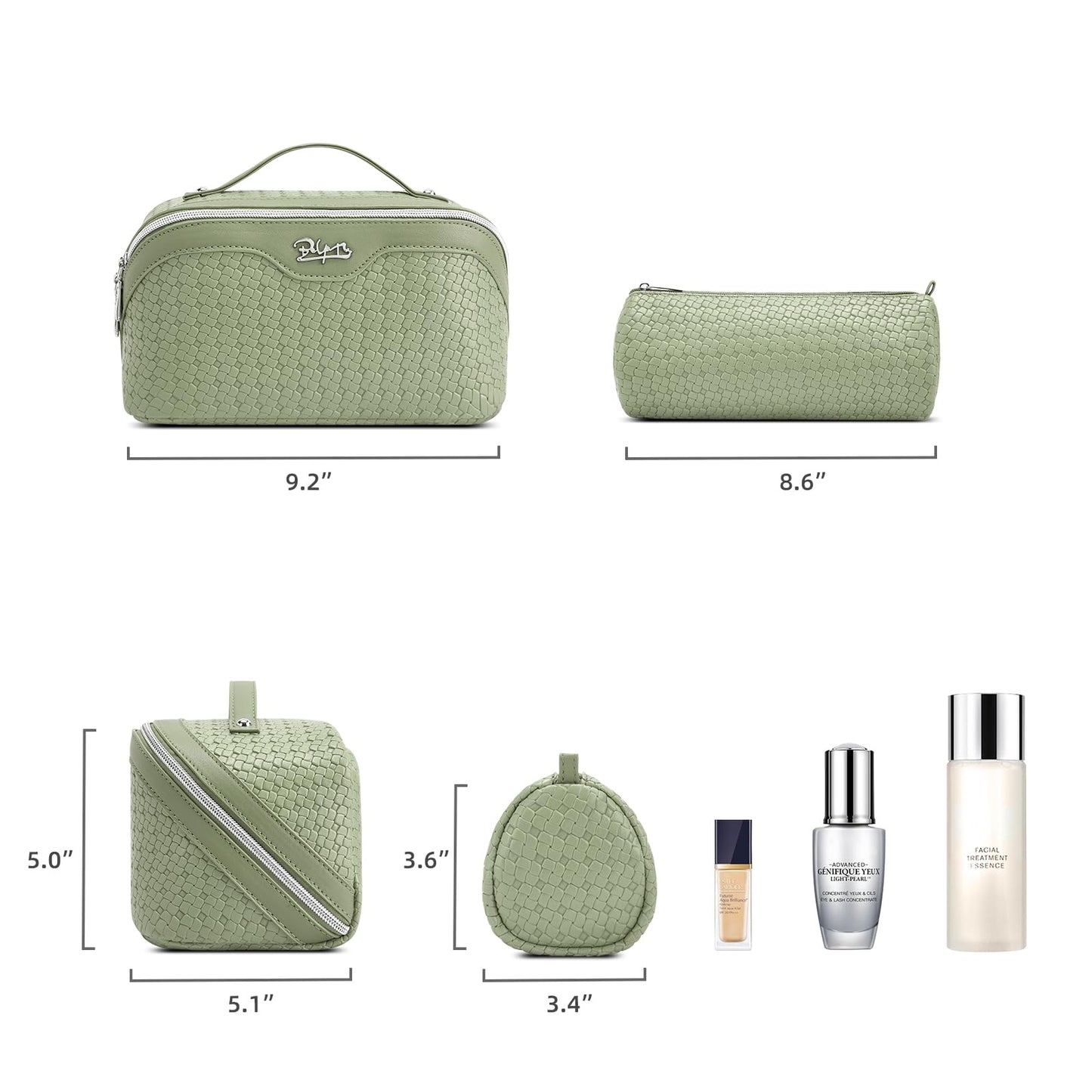 BOYATU Travel Makeup Bag Cosmetic Bags for Women: Large Capacity 3 Pcs Set Make up Bag with Compartments - Waterproof Vegan Leather Toiletry Organizer Bags with Handle (L51Grass Green)