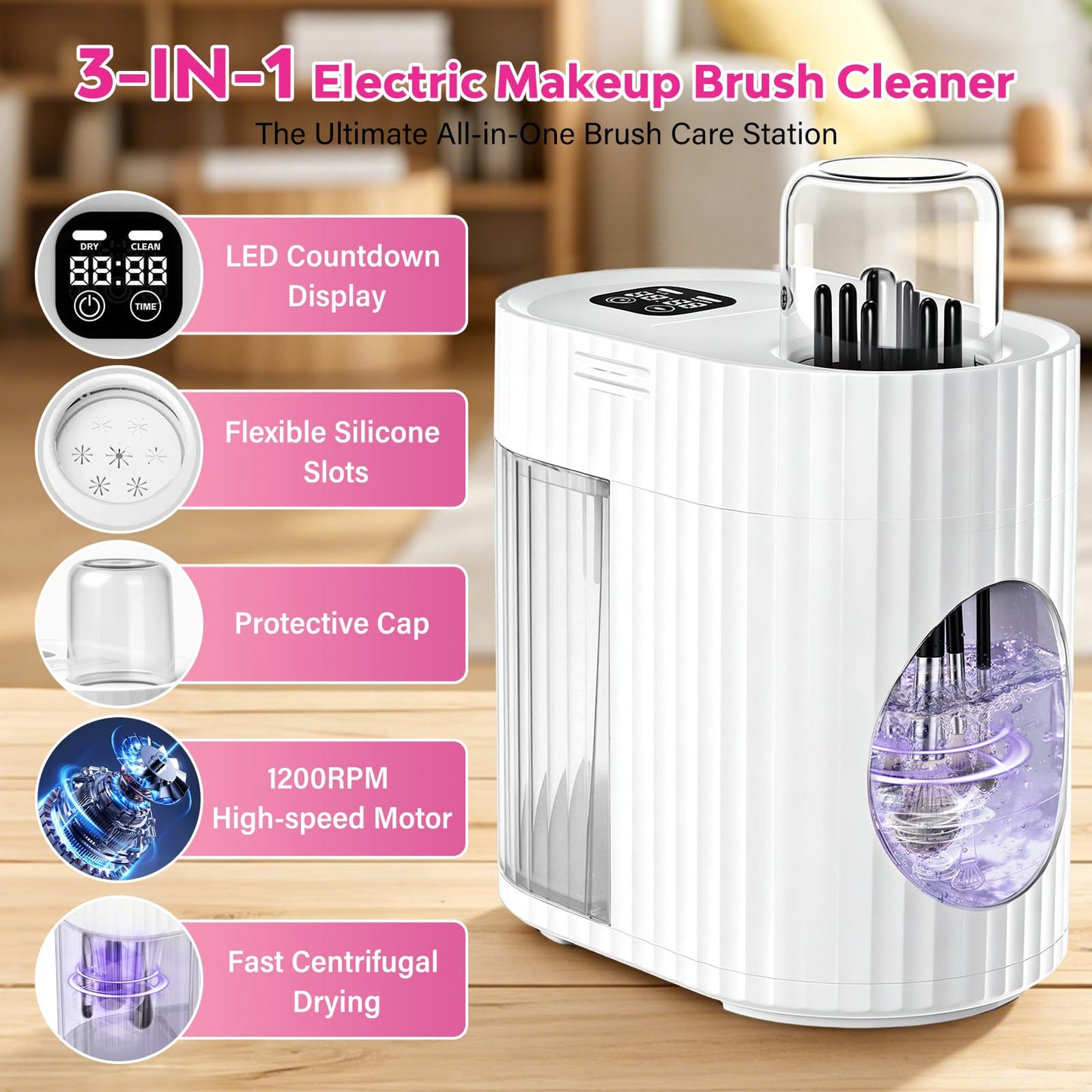 Electric Makeup Brush Cleaner Machine, 3-IN-1 Automatic Cleaning & Fast Drying, 1200RPM High-speed Spinning, Adjustable Timer, LED Display, 7 Slots for All Brush Sizes, USB Powered, Pure White