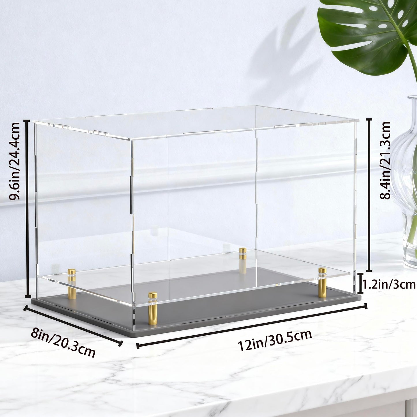 Acrylic Display Case for Collectibles, Dustproof Acrylic Box with Clear Display Elevation & Gold Risers, Large Display Case for Figures Toys Memorabilia, 12" L x 8" W x 9.6" H