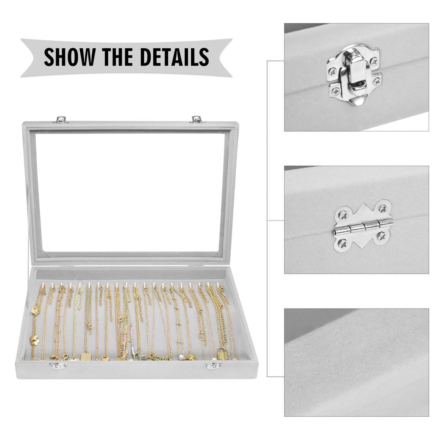 Siveit Necklace Organizer Box Premium 20 Hooks Velvet Necklace Display Jewelry Tray with Transparent Lid Jewelry Necklace Display Box for Necklace Pendants Suitable for Women and Girls (Grey)