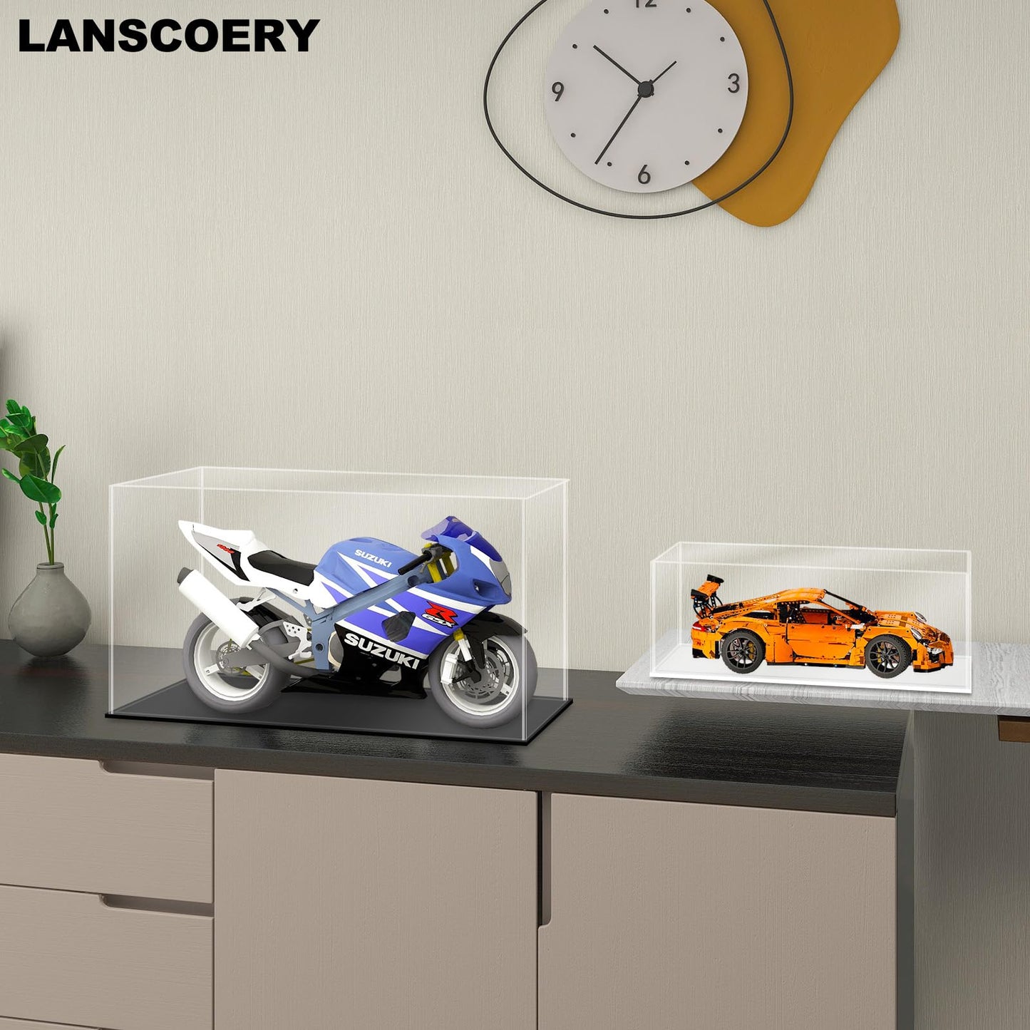 LANSCOERY Acrylic Display Case, 11x5.5x5.5 in, Upgraded Thickened UV-Resistant Showcase, 98% Clarity Dustproof Box with Glossy Black Base for Action Figures, LEGO & Models, Scraper & LED Light