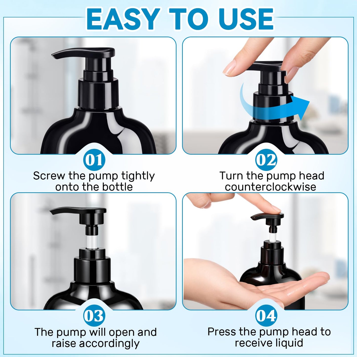 Gandeer 24 Pack Black Plastic Pump Bottles 6.8 Oz/ 200 ml Shampoo Lotion Dispenser Bottles Empty Refillable Hand Soap Liquid Dispenser Container with Press Pump for Travel Bathroom Hotel Kitchen