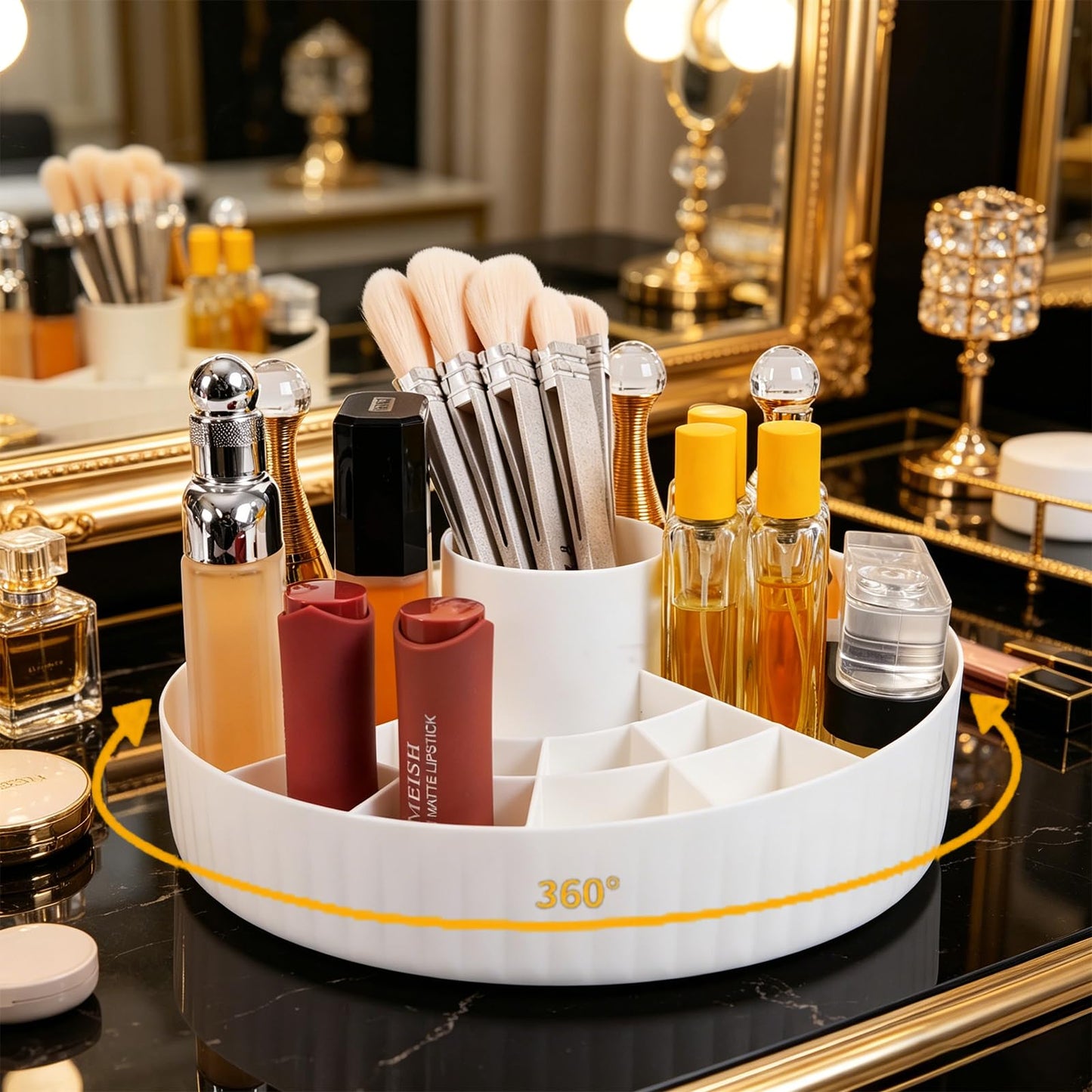 LuZhiMing 360° Rotating Makeup Perfume Organizer Cosmetic Storage for Skincare,Perfume,Lipstick & Makeup Brushes, Countertop Vanity Organizer (White)