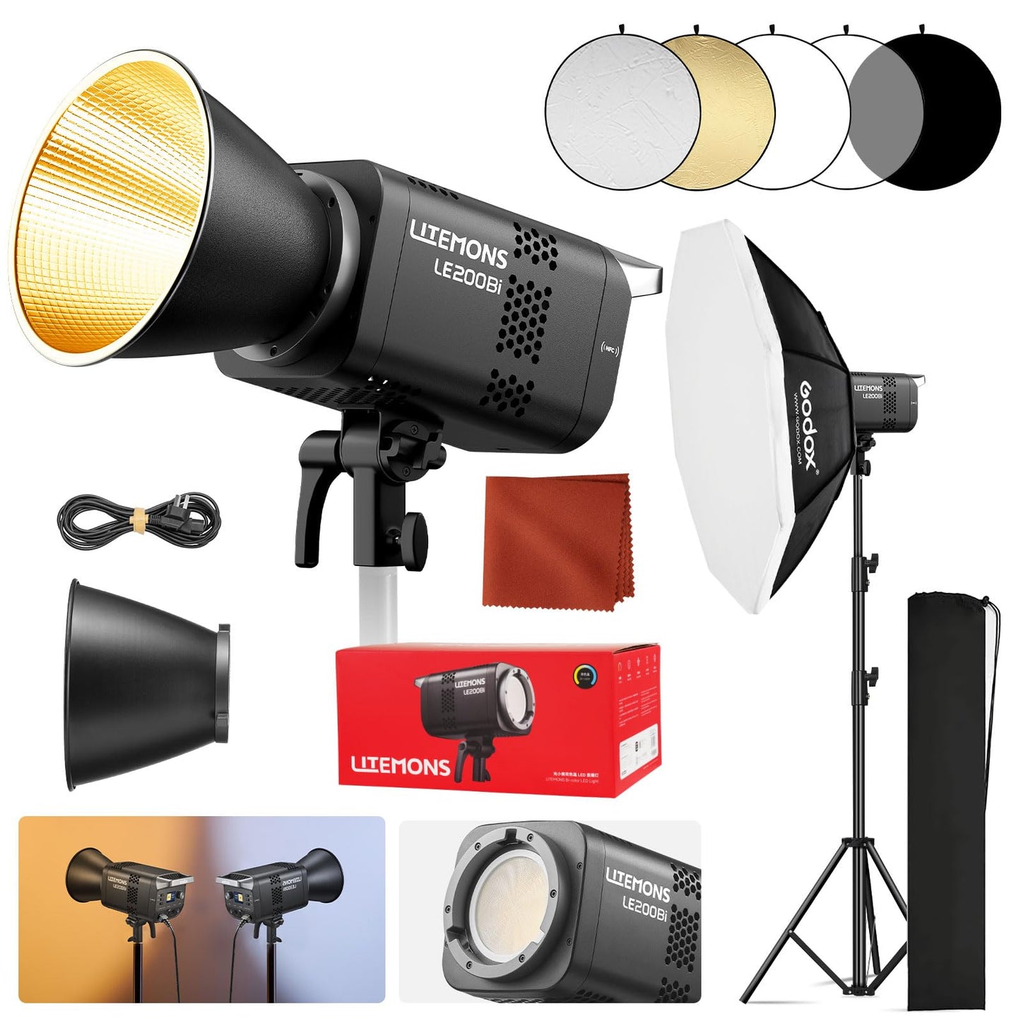 Godox Litemons LE200Bi Bi-Color LED Video Light Kit with Softbox Light Stand Reflector CRI 98+, 2800K-6500K, 57700 Lux Output, DMX/App Control for Studios Ultra Quiet for Content Creation