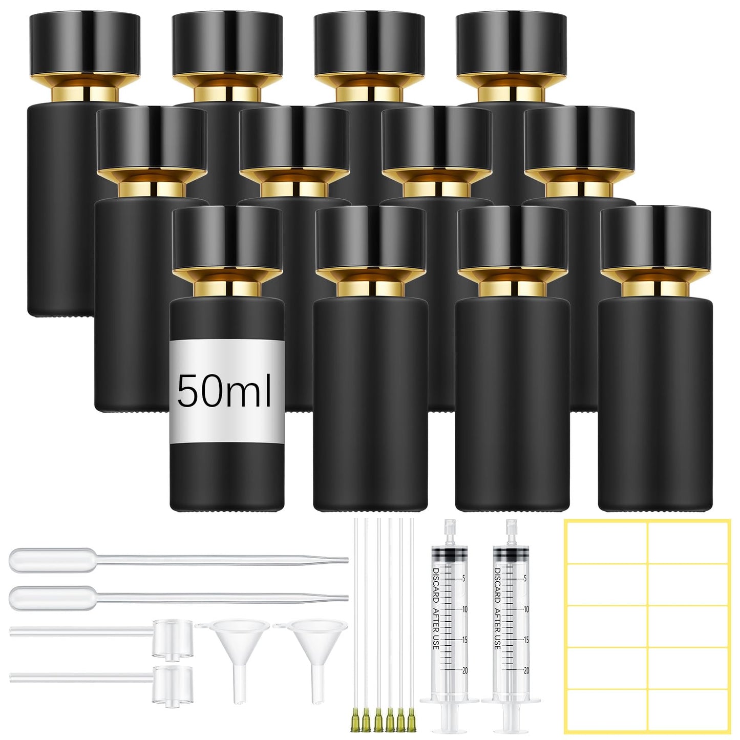 Teenyyou 12 Pack 50 ml Glass Perfume Bottles and Refill Tools Set, Travel Perfume Atomizer Spray Bottles, Portable Empty Refillable Atomizer Decanters with Dispenser Transfer Kit (Black)