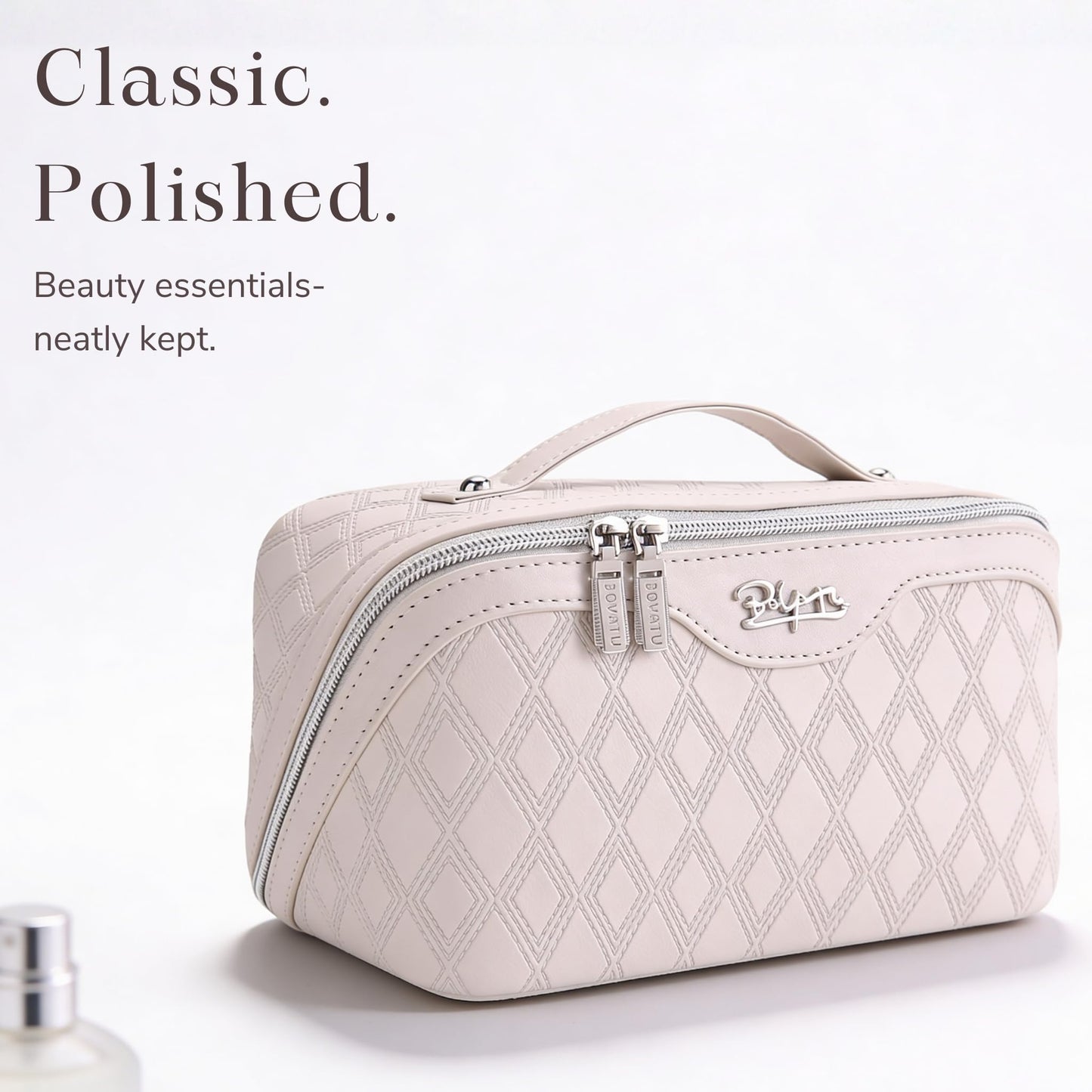 BOYATU Travel Makeup Bag for Women: Large Capacity 3-Piece Quilted Cosmetic & Toiletry Organizer - 2 Detachable Pouches Expand Storage by 50%, Open Flat for Easy Packing, Waterproof PU Leather(Beige)