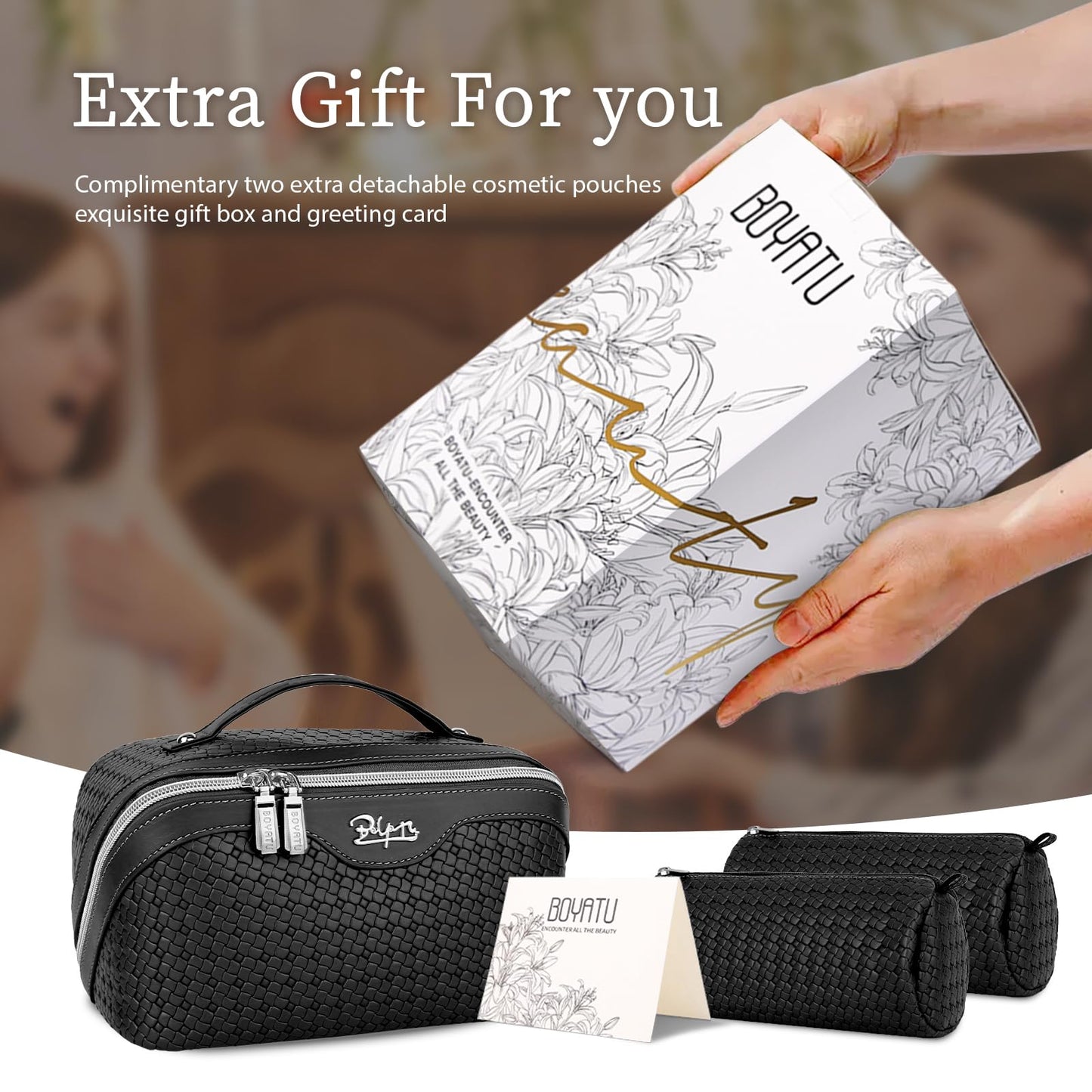 BOYATU Travel Makeup Bag Cosmetic Bags for Women: Large Capacity 3 Pcs Set Make up Bag with Compartments - Waterproof Vegan Leather Toiletry Organizer Bags with Handle (L15 Black)