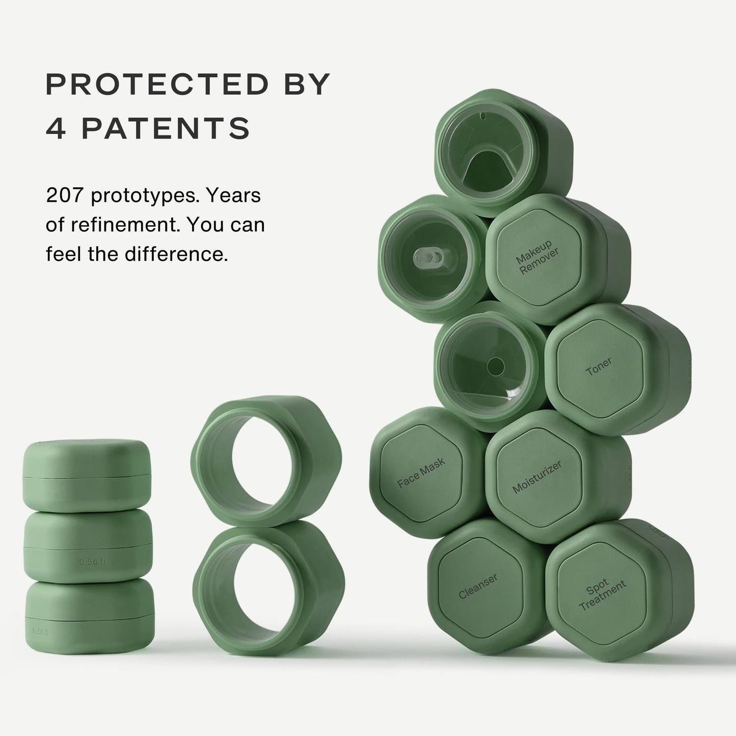 Cadence Travel Containers - Daily Routine Capsule Set - Magnetic Containers with Lids,4 Flex Mediums (1.32oz) & 3 Flex Smalls (0.56oz) - Shampoo, Conditioner, Body Wash, Pills, & More - Eucalyptus