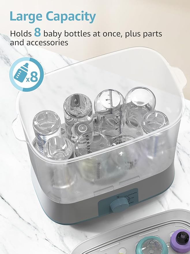 Grownsy Adjustable 4 in 1 Large Bottle Sterilizer and Dryer, 8 Bottles Capacity,Electric Steam Baby Bottle Sterilizer, Sanitizer for Baby Bottles & Pacifiers, Breast Pump Parts Blue