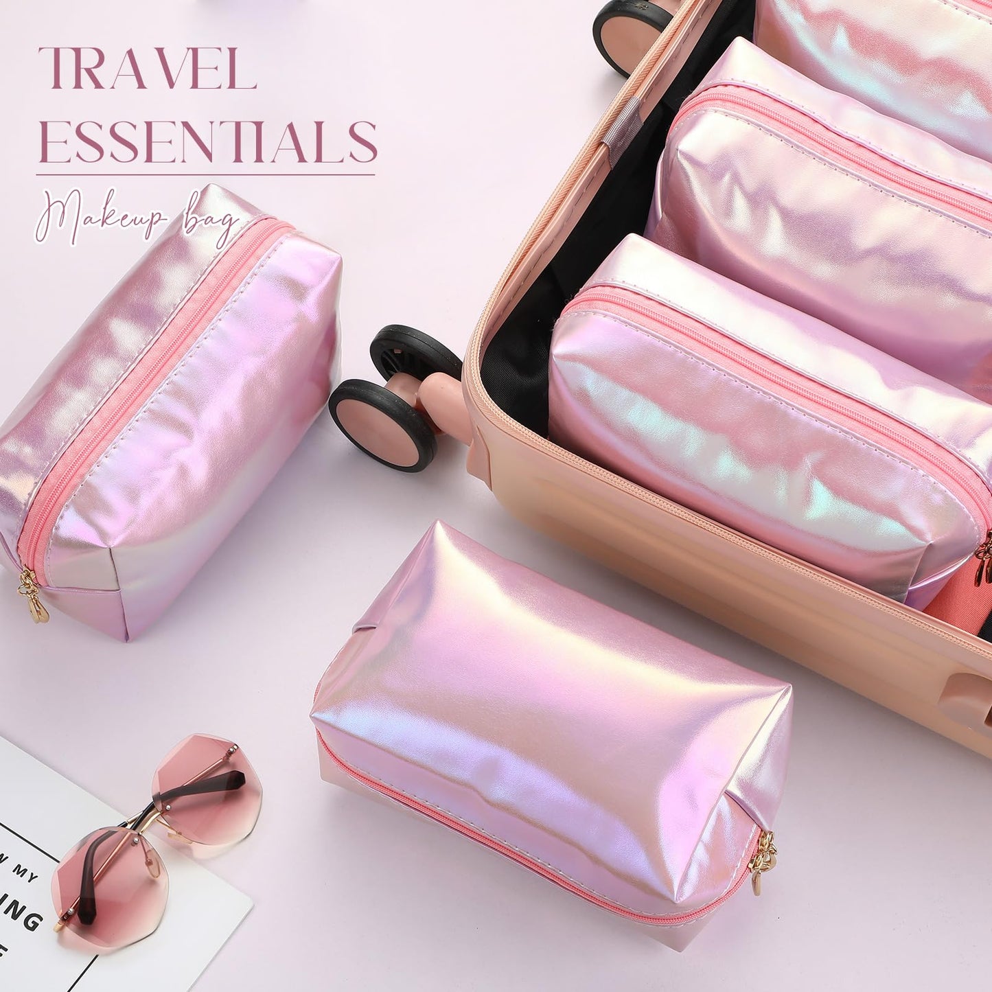 Sanwuta 9 Pcs Makeup Bags Bulk PU Double Zippers Cosmetic Bag Makeup Toiletry Small Pouch Portable Travel Organizers Case for Women Bridesmaid Proposal Gifts(Laser Pink)