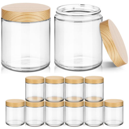 8 oz Glass Jars with Lids, 12 Pack Small Glass Jars with Plastic Woodgrain Lids, Lotion Container Empty Cosmetic Travel Containers for Sample, Cream, Lotion, Honey, Powder