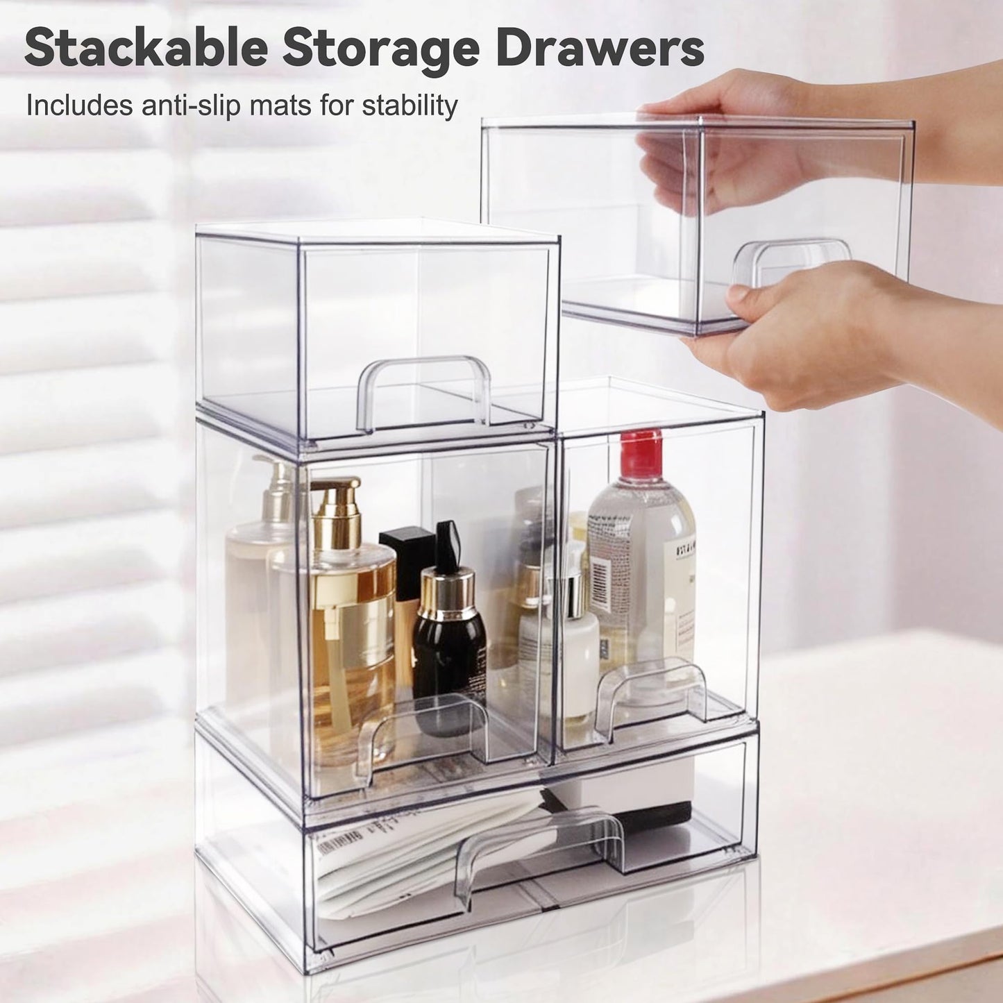 Hvygss Clear Stackable Storage Drawers, Pull-Out Makeup Organizer, Transparent Baby Bottle Organizer, Storage Bins Suitable for Vanity Tables, Bathrooms, Kitchens (5 Pack)