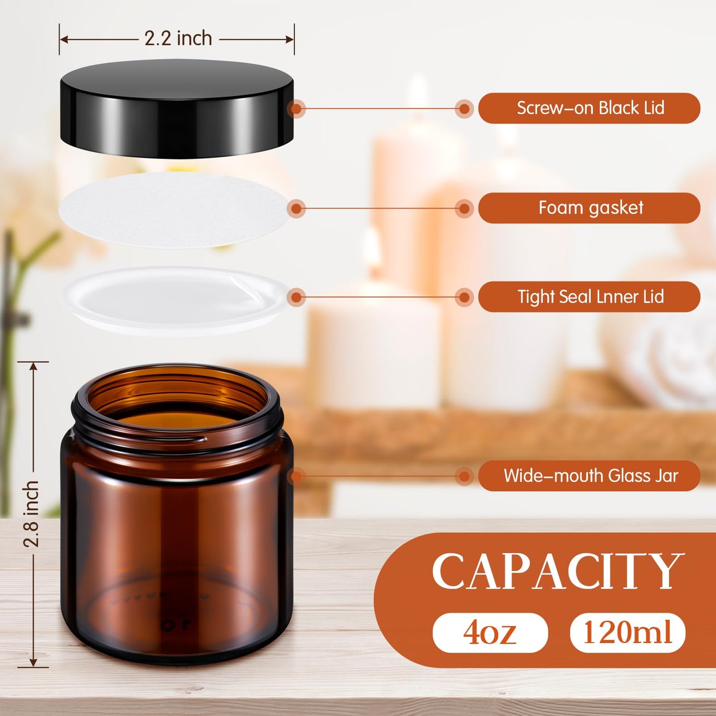 Norme 64 Pcs 4 oz Glass Jars with Lids Leakproof Round Airtight Empty Cosmetic Jars with Inner Liners Lid for Storing Lotions Powder Ointments Making Tins (Black,Amber)