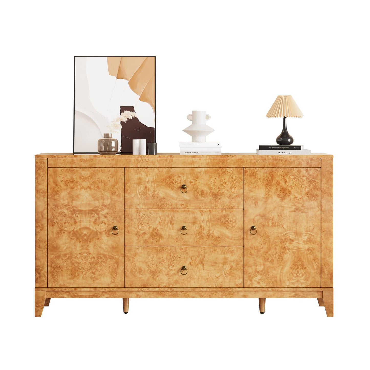 LUXOAK High Gloss Sideboard Buffet Burl Wood 60'' Cabinet Buffet Table with 3 Drawers & 2 Closed Storages, Mid-Century Modern Sideboard for Dining Living Room, Blond Burl