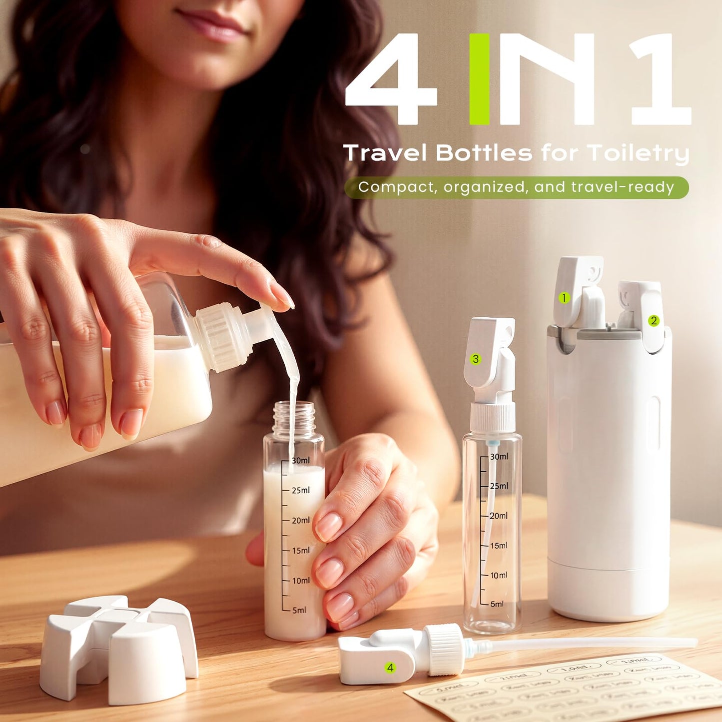 4 in 1 Travel Dispenser Bottle, 4 Pack 30ML Travel Bottles for Toiletries, Leak Proof Refillable Toiletry Containers Portable for Travel, Camping and Gym (White)