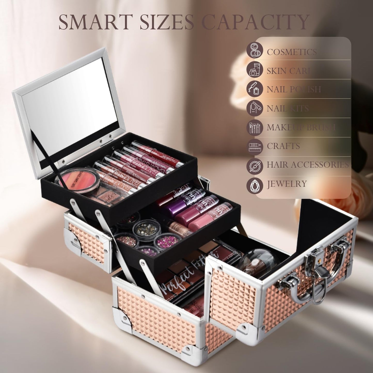 FRENESSA Makeup Case Train Case Portable Makeup Box with Mirror Lock Box Travel Cosmetic Train Cases Hard Makeup Organizer for Nail Craft Storage Vanity for Girl Rose Gold