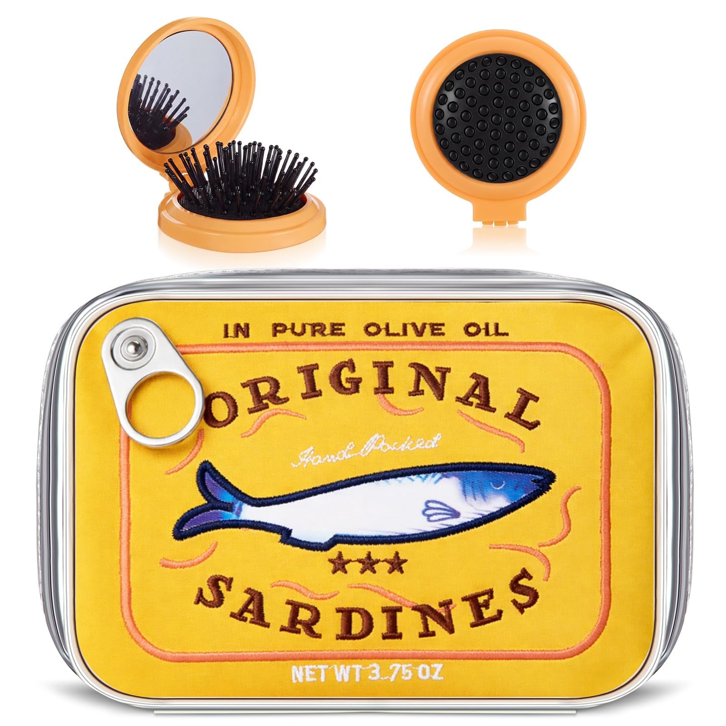 Reginary 2pcs Canned Sardines Makeup Bag + Mini Folding Hair Brush with Mirror, Tin Fish Kawaii Cosmetic Pouch, Cute Pencil Case, Waterproof Travel Toiletry Bag for Women, Party Favors, Gifts(Yellow)