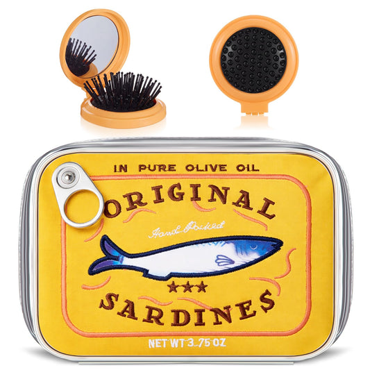 Reginary 2pcs Canned Sardines Makeup Bag + Mini Folding Hair Brush with Mirror, Tin Fish Kawaii Cosmetic Pouch, Cute Pencil Case, Waterproof Travel Toiletry Bag for Women, Party Favors, Gifts(Yellow)