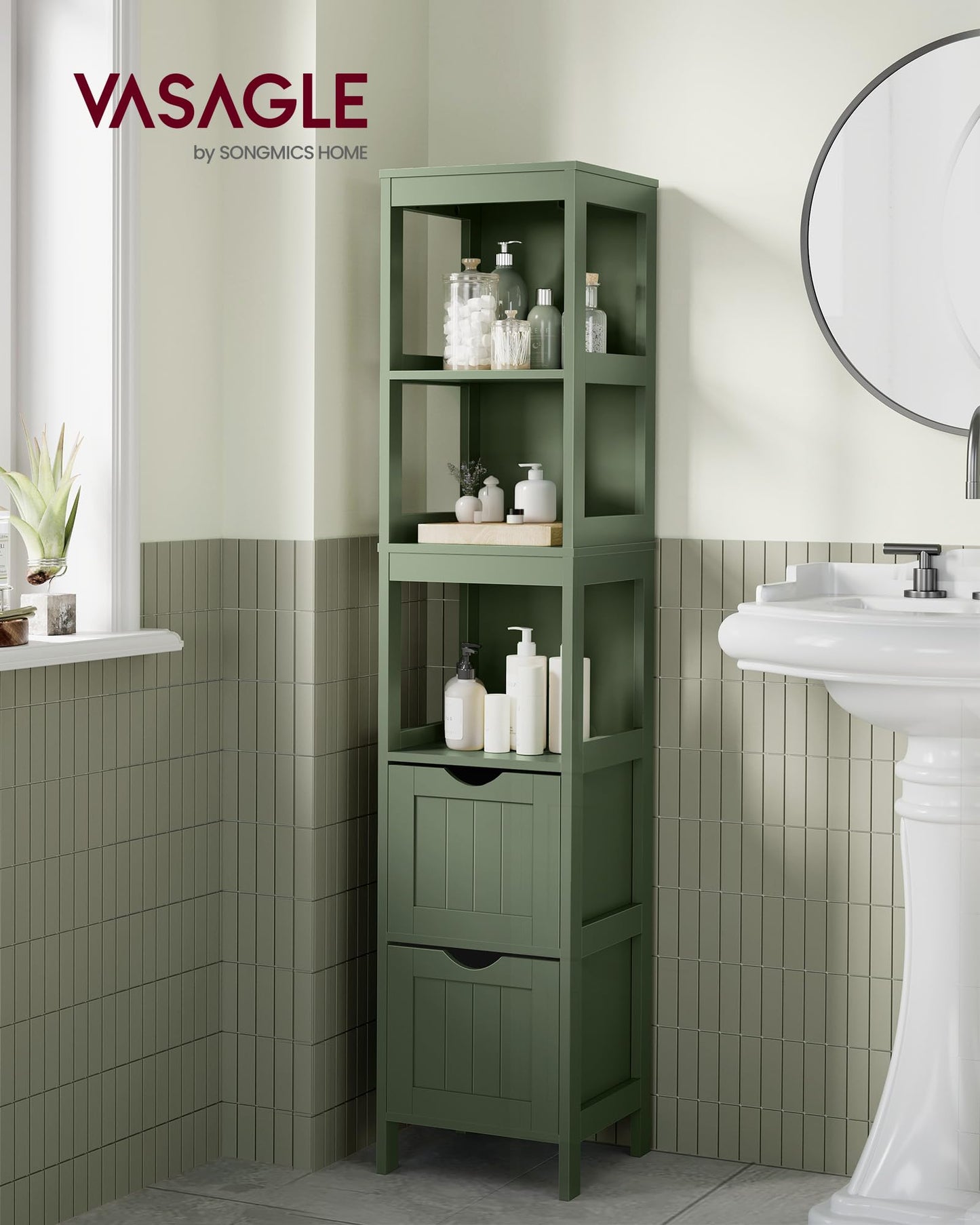 VASAGLE Storage Cabinet, Storage Organizer Rack Stand for Bathroom, Living Room, Multifunctional Corner Unit, 2 Drawers, 55.7 Inches in Height, Forest Green UBBC066C01
