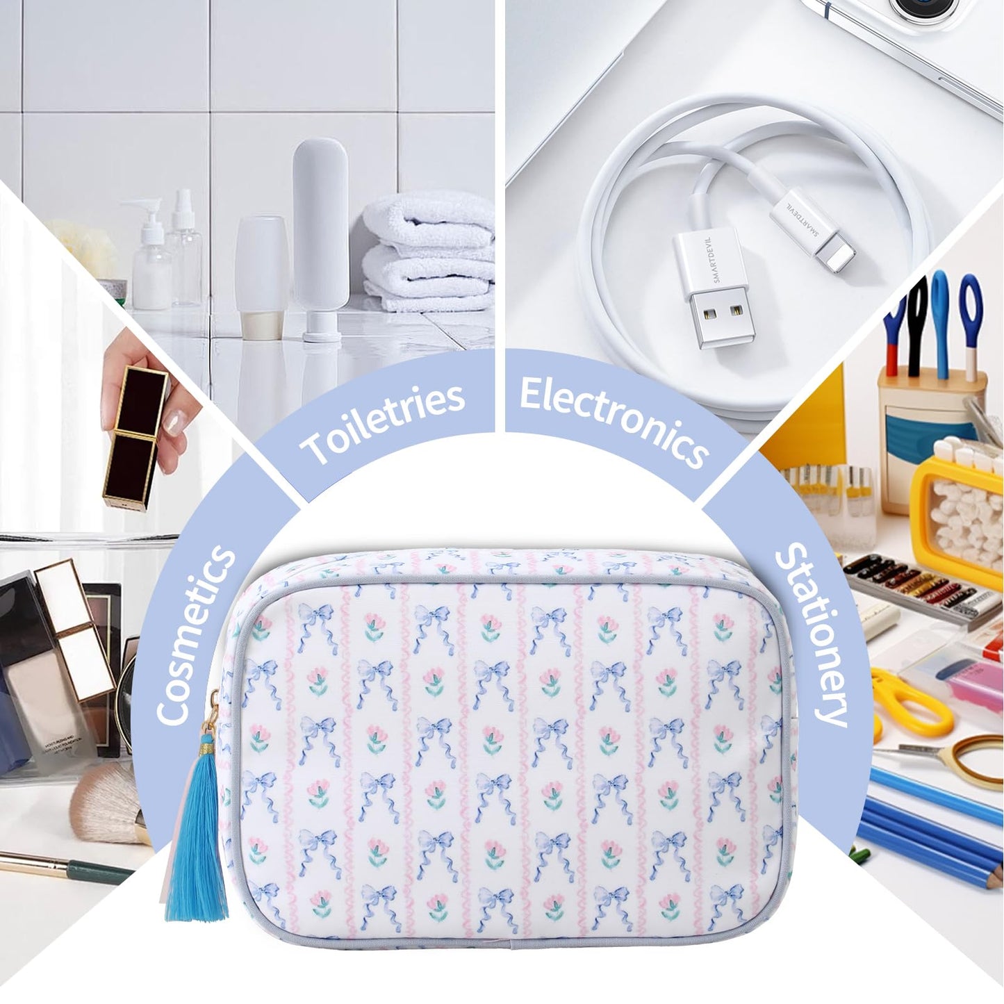 EMBRUNIOICE Makeup Bag Travel Cosmetic Bag Organizer Tassel Toiletry Bag Large Canvas Zipper Pouch and Accessories Storage Bag for Women (Blue Bow)