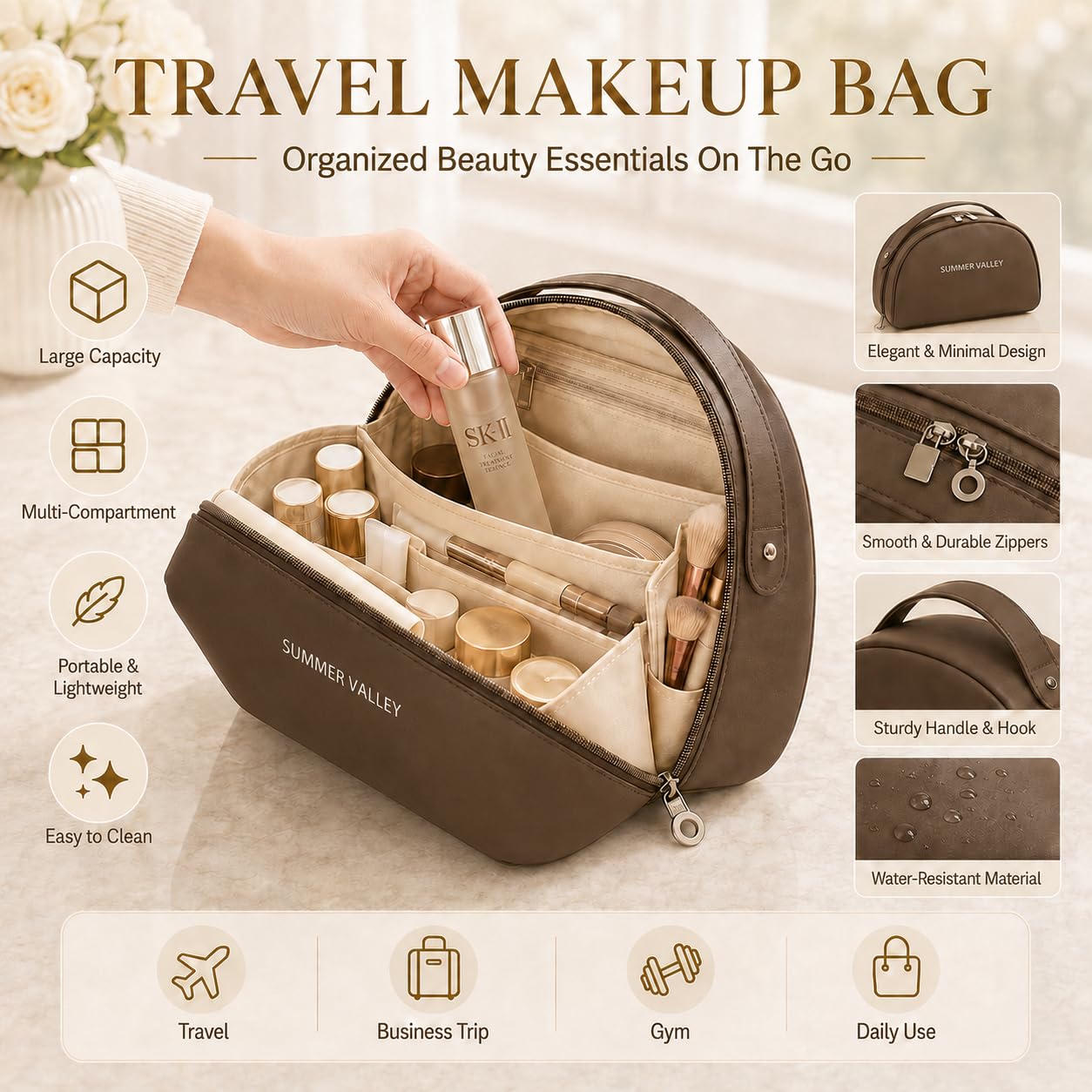 YDR Travel Makeup Bag for Women, Large Capacity PU Leather Cosmetic Bag, Semi-Circular Makeup Organizer Pouch, Water-Resistant Toiletry Bag with Zipper, Portable Cosmetic Case for Travel