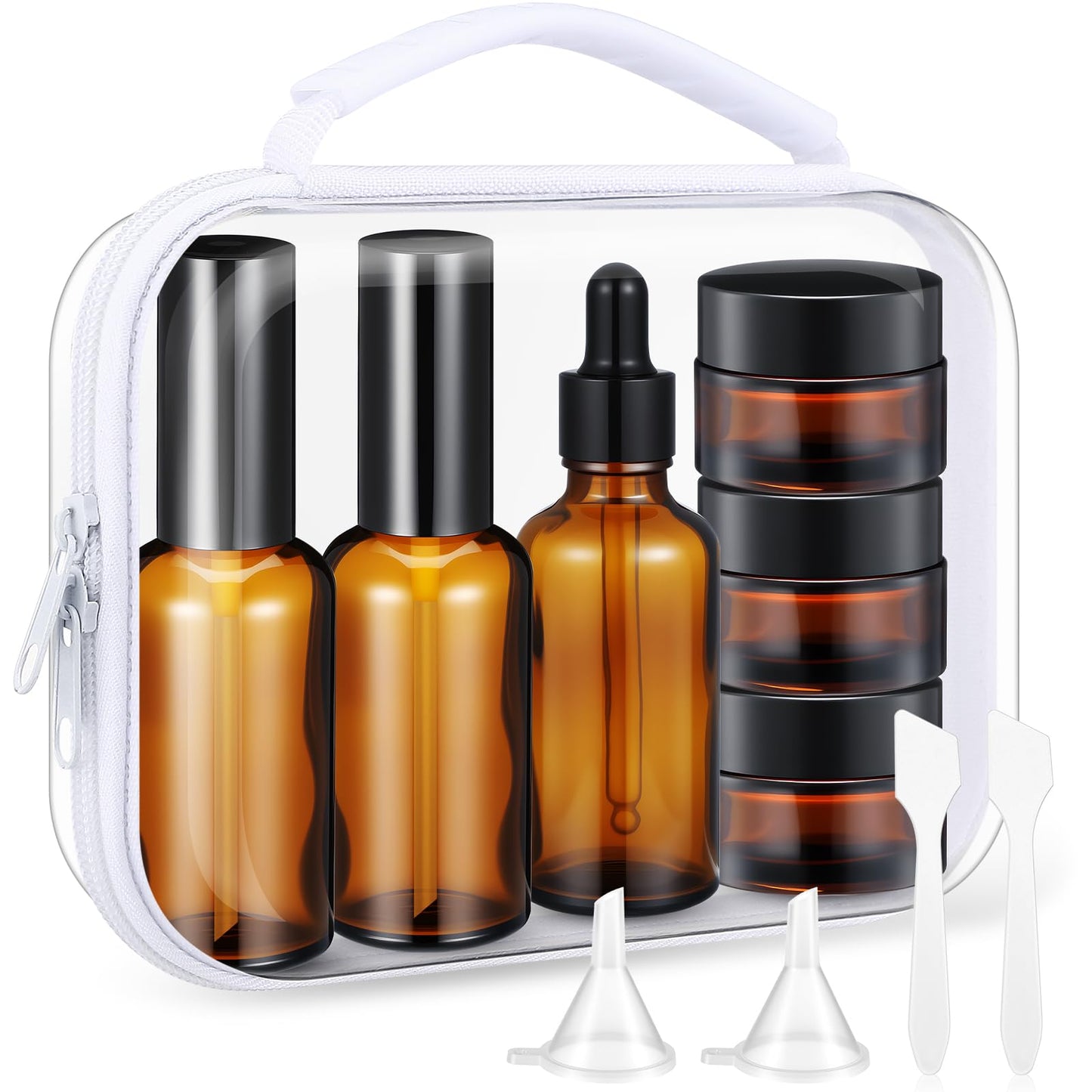 Qiyaz 11 Pcs Glass Travel Bottles with Clear Hard Zipper Case Skin Care Containers Travel Size Mini Makeup Containers Tsa Approved with Pump Spray for Liquid Toners Serum Cream(Brown,Style 2)