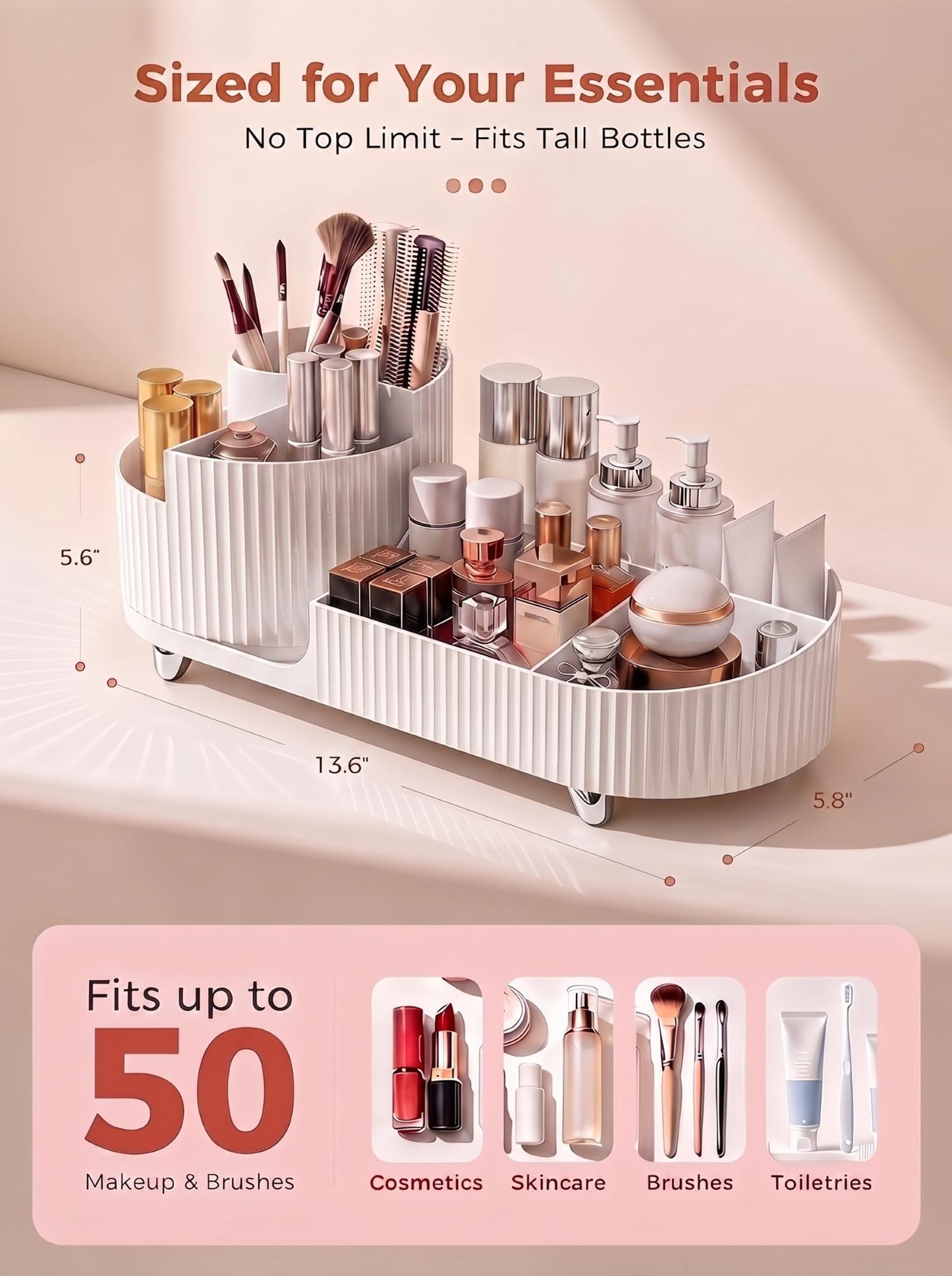 Booklov Rotating Makeup Caddy Organizer for Vanity, Large Capacity Cosmetic Display Case, Countertop Beauty Storage Holder for Skincare, Brush Eyeshadow Lipstick, Counter Desk Organization, White