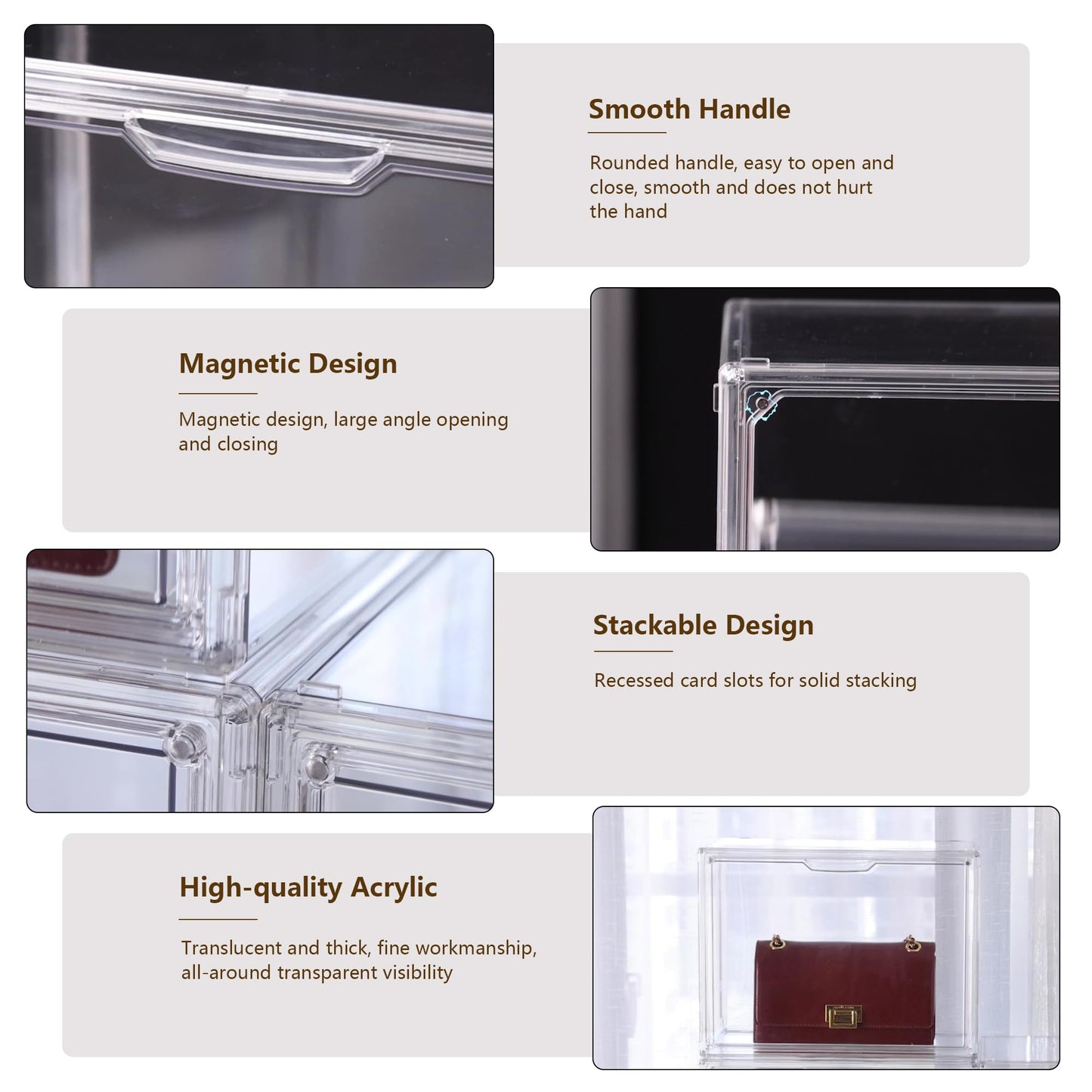 ZLLZUU Purse Organizer for Closet, 5 Pack Clear Acrylic Display Case for Purse Handbag Storage, Stackable Purse Storage Boxes with Magnetic Door for Collectibles, Wallet, Cosmetic