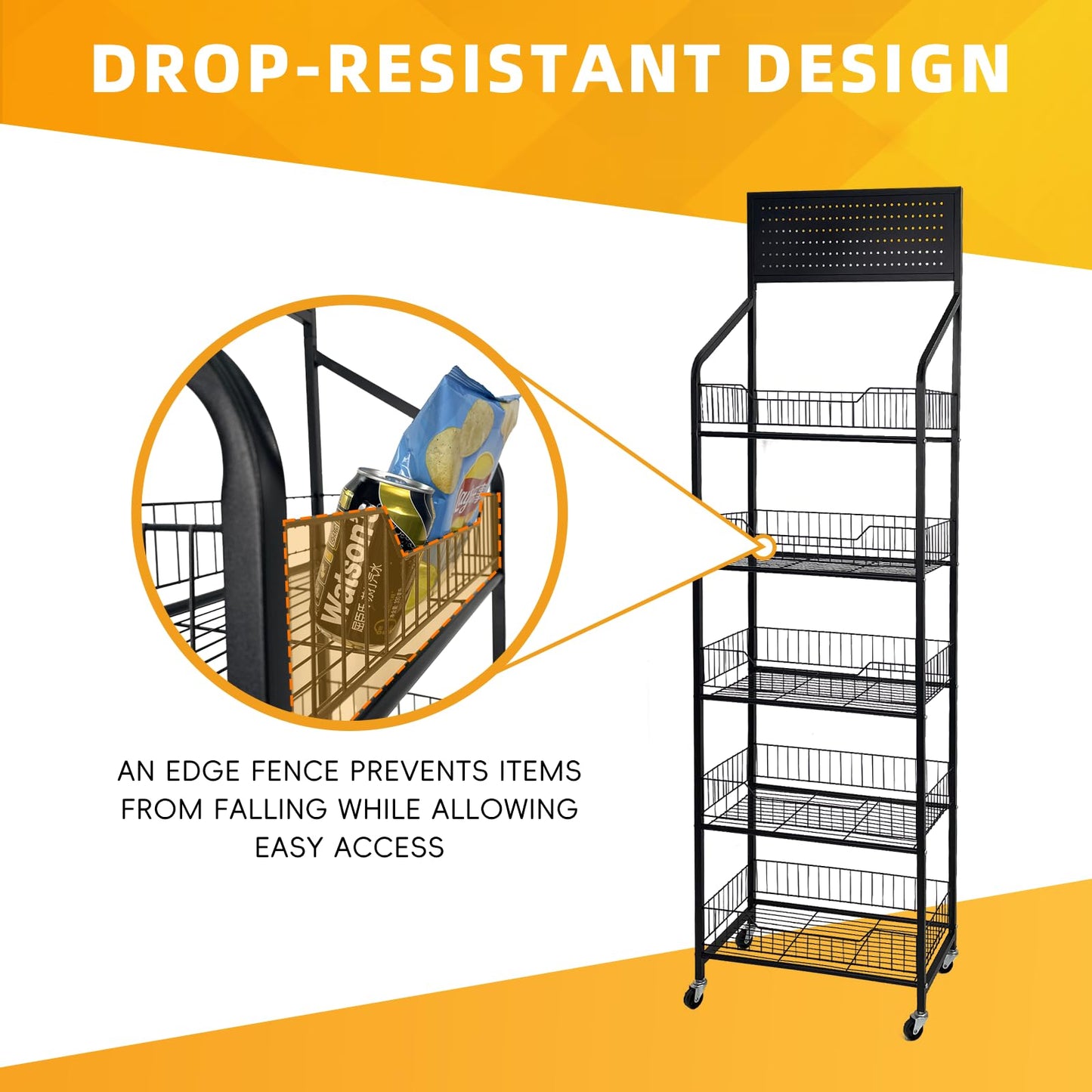 TONGMO 5 Tier Snack Rack Display Stand - Retail Display Shelves with Top Pegboard, 15 Hooks, Bakery Display Rack on Wheels for Easy Mobility and Organization (Black, 5‑Tier)