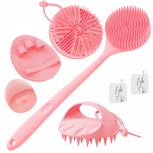 Manmihealth Silicone Back Scrubber & Soft Bath Glove, Silicone Scalp Massager Set 5 PCS, Super-Exfoliating Body Scrubber Shower Brush & Shampoo Brush Combination, with 2 Free Hooks (Style 2 Pink)