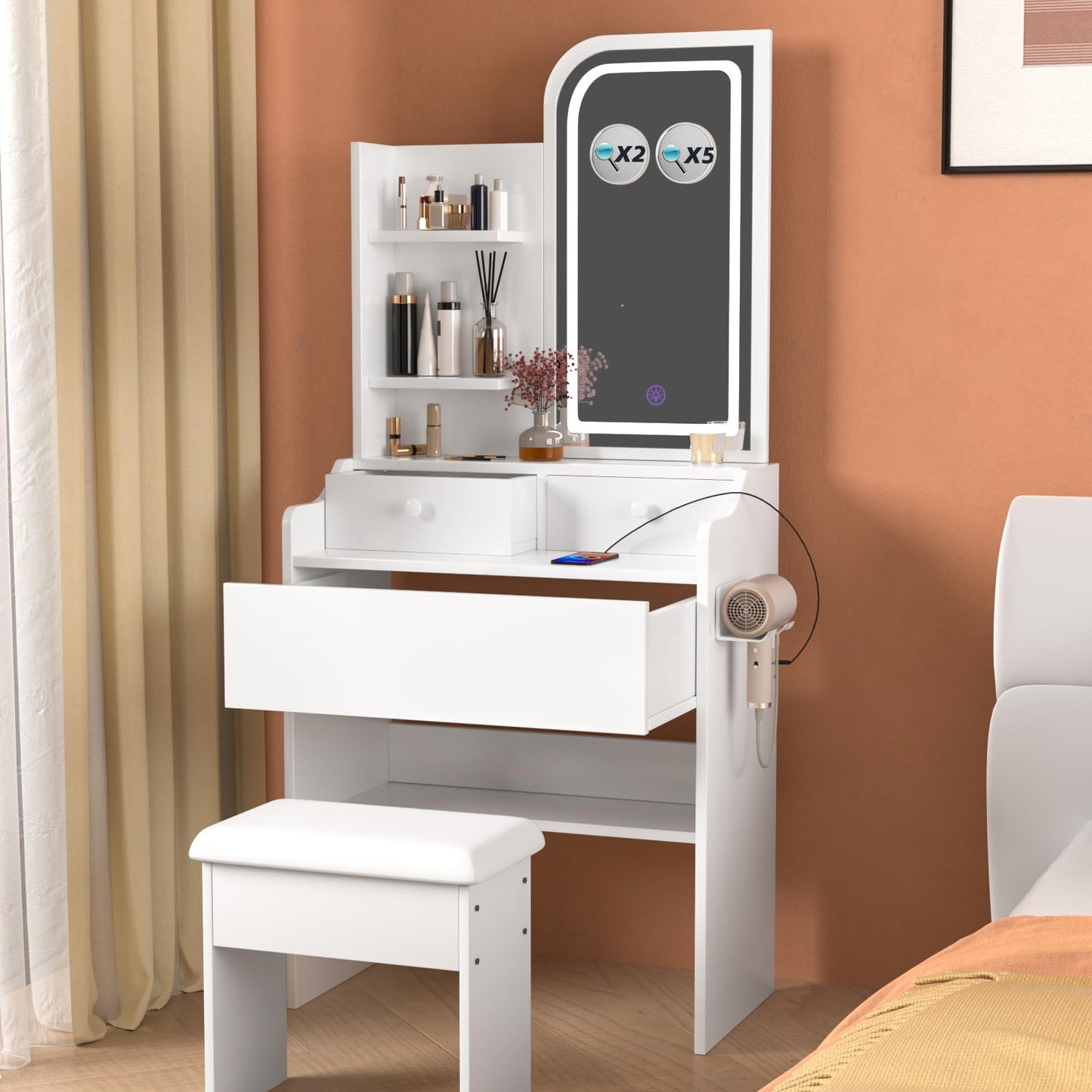 HOMEMORE Small Vanity Desk with Mirror and Lights, Makeup Vanity Desk with 3 Drawers & 3 Shelves, 2X & 5X Magnifying and Power Outlet, Dressing Table for Bedroom,White