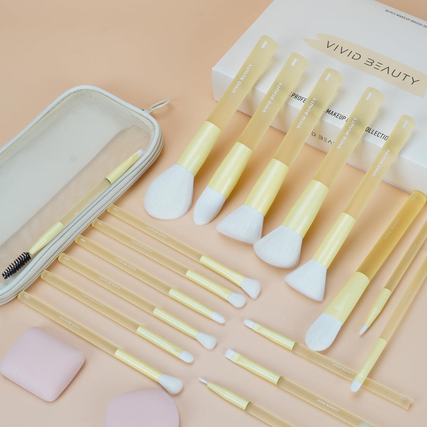 Yellow Make up Brush Set – 18PCS Makeup Brushes for Powder, Foundation, Eyeshadow – With Rubber Coated Handles, Painted Aluminum Ferrules, Travel Bag & 2 Makeup Sponges– For Women & Beginners