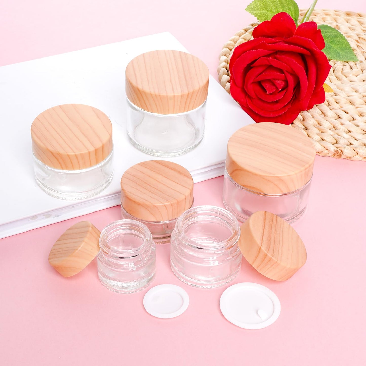 Miayon 6Pcs 2.12 oz Small Travel Lotion Containers with lids Glass Sample Empty Round Cosmetic Jar Bottles for Creams Makeup Lotion Toiletries Storage (White, 60 gram)