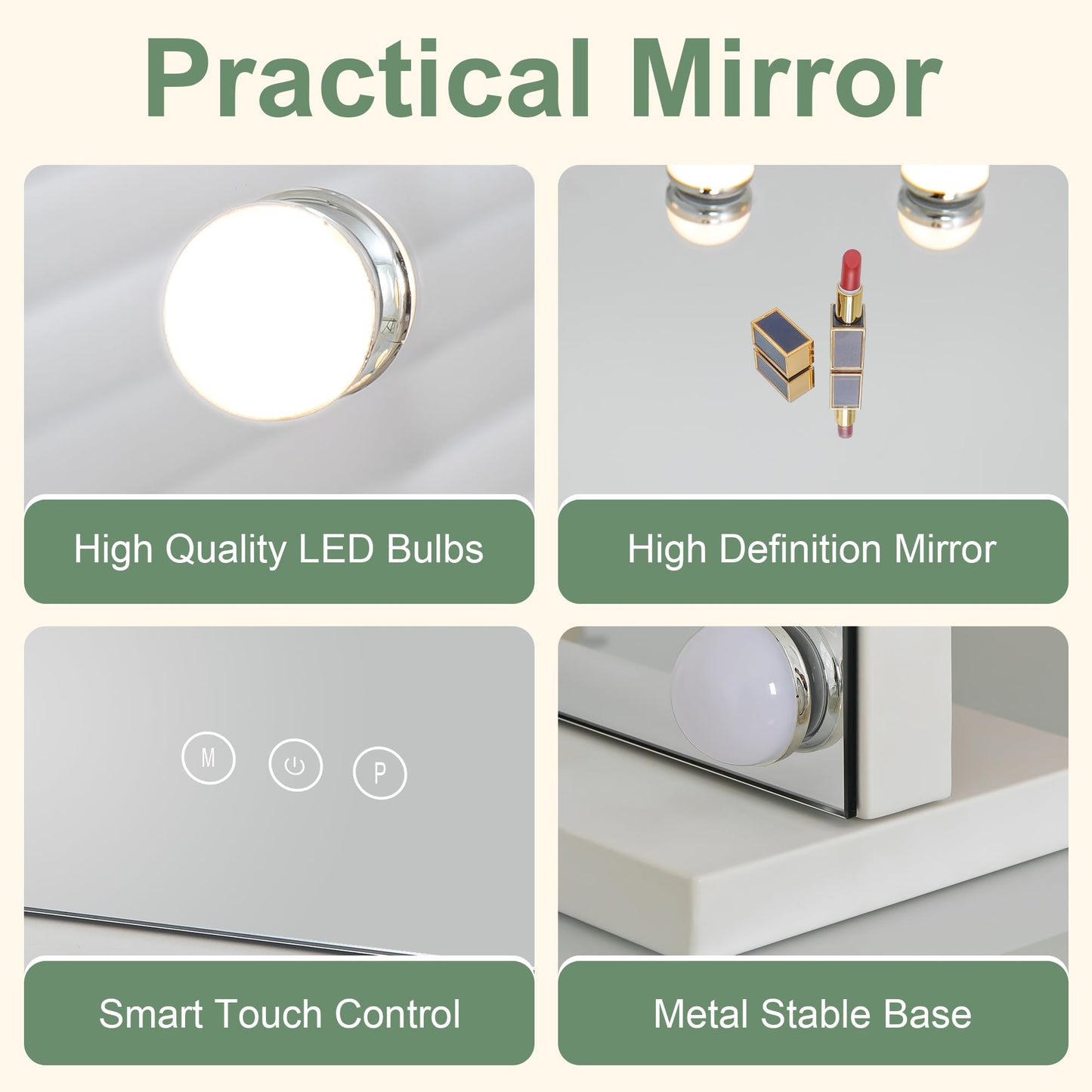 Lintterty Makeup Mirror with Light, Vanity Mirror with 15 Dimmable LED Bulbs, 3 Color Lighting Modes, 10X Magnification, Touch Control, USB Charging Port, White Metal Frame