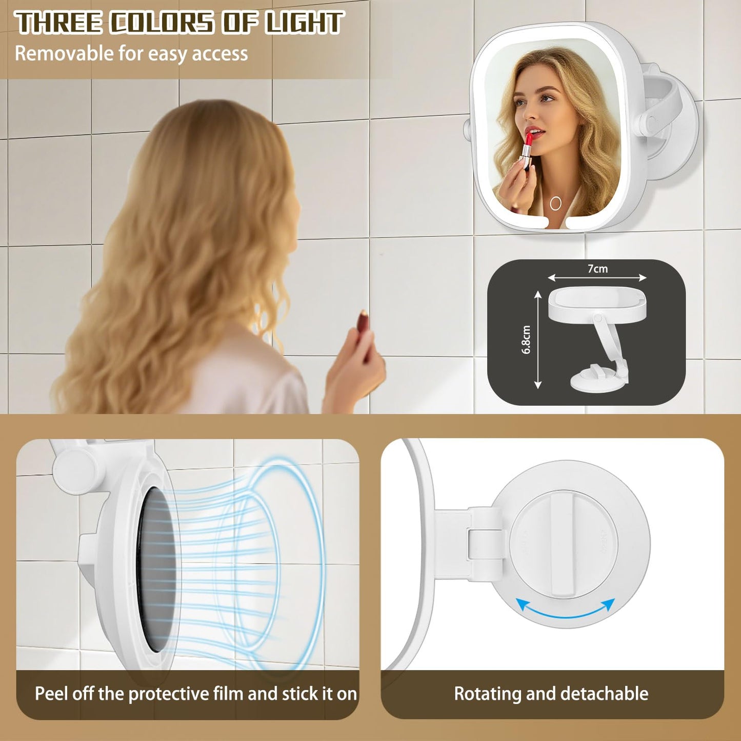 LSNDRG 30X Magnifying Makeup Mirror with Light, Square Lighted Vanity Mirror with 3 Color Lighting Modes, Dual-Sided 1X/30X, Suction Cup Wall Mounted, Rechargeable, 360° Rotation, Portable