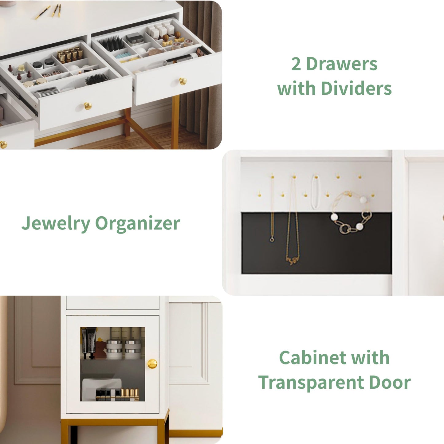 Garvee Vanity Desk with Mirror and Lights, Makeup Vanity with Jewelry Storage Cabinet & Charging Station, LED Lighted Makeup Table with Divided Drawers for Bedroom, White