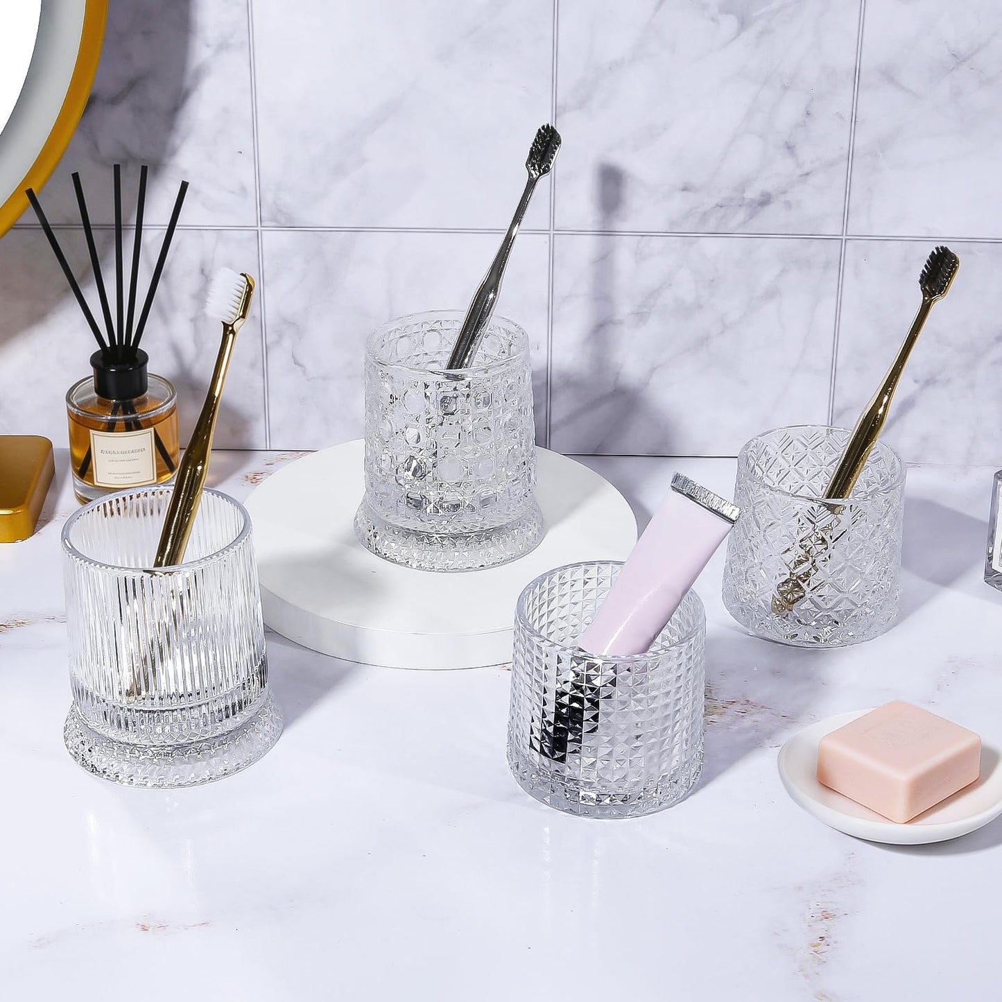 DASITON Makeup Brush Holder Organizer, Crystal Cosmetic Brushes Storage Holder Glass Makeup Organizer, 360° Rotating Make Up Brush Cup for Vanity, Dresser, Bathroom, Pen Pencil Holder for Desk (Clear)
