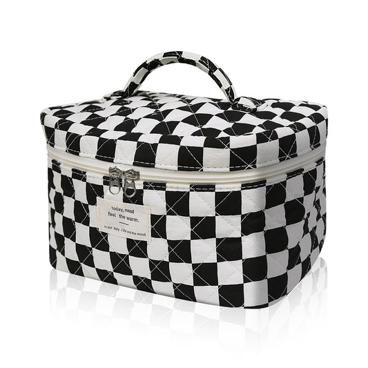 Gosect Large Makeup Bag, Cute Cosmetic Bag for Women Girls, Floral Coquette Aesthetic Toiletry Bag, Travel Make Up Organizer Bag (Black Checkered)