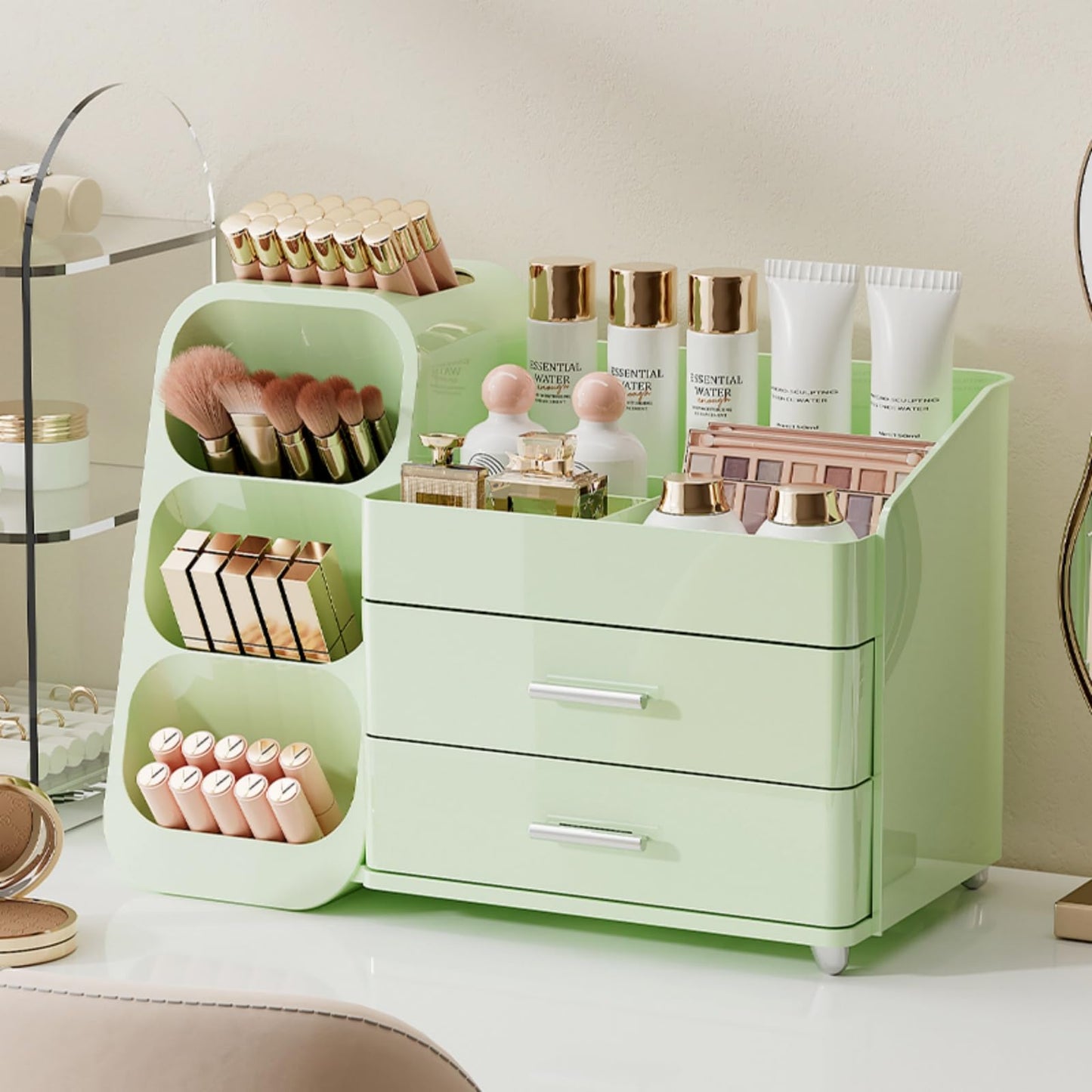 Booklov Makeup Organizer for Vanity, Large Capacity Cosmetic Display Case with Drawers, Countertop Beauty Storage Holder for Skincare, Brush Eyeliner Perfume Eyeshadow Lipsticks, Counter Desk, Green