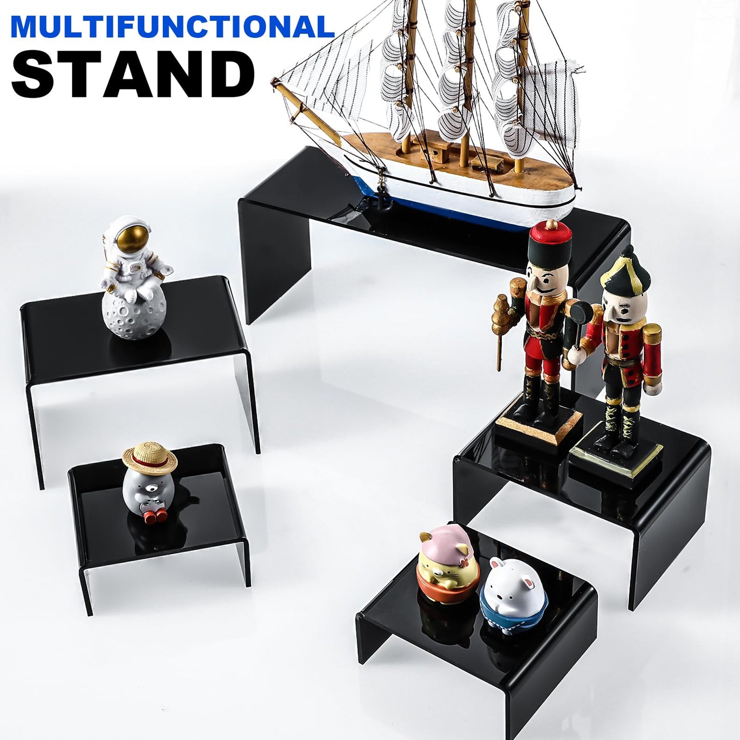 Tuanse 4 Set Acrylic Display Risers Medium and Large Stand Shelf Acrylic Risers for Display Cupcake Riser Showcase Figure Jewelry Collectibles Stands Desktop Shelf for Organize (Black)