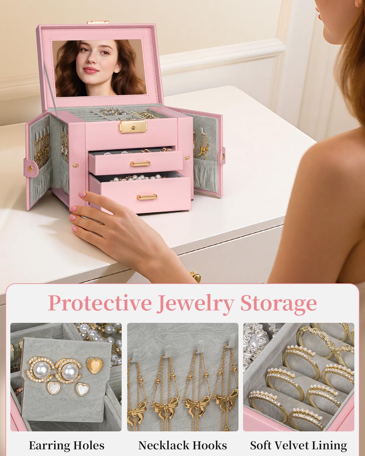 TORIBIO Jewelry Box for Women, Leather Jewelry Organizer with Mirror & Lock, 3-Tier Jewelry Storage Organizer with 2 Drawers for Girls/Women/Mothers, Necklace Earring Bracelets Holder Organizer