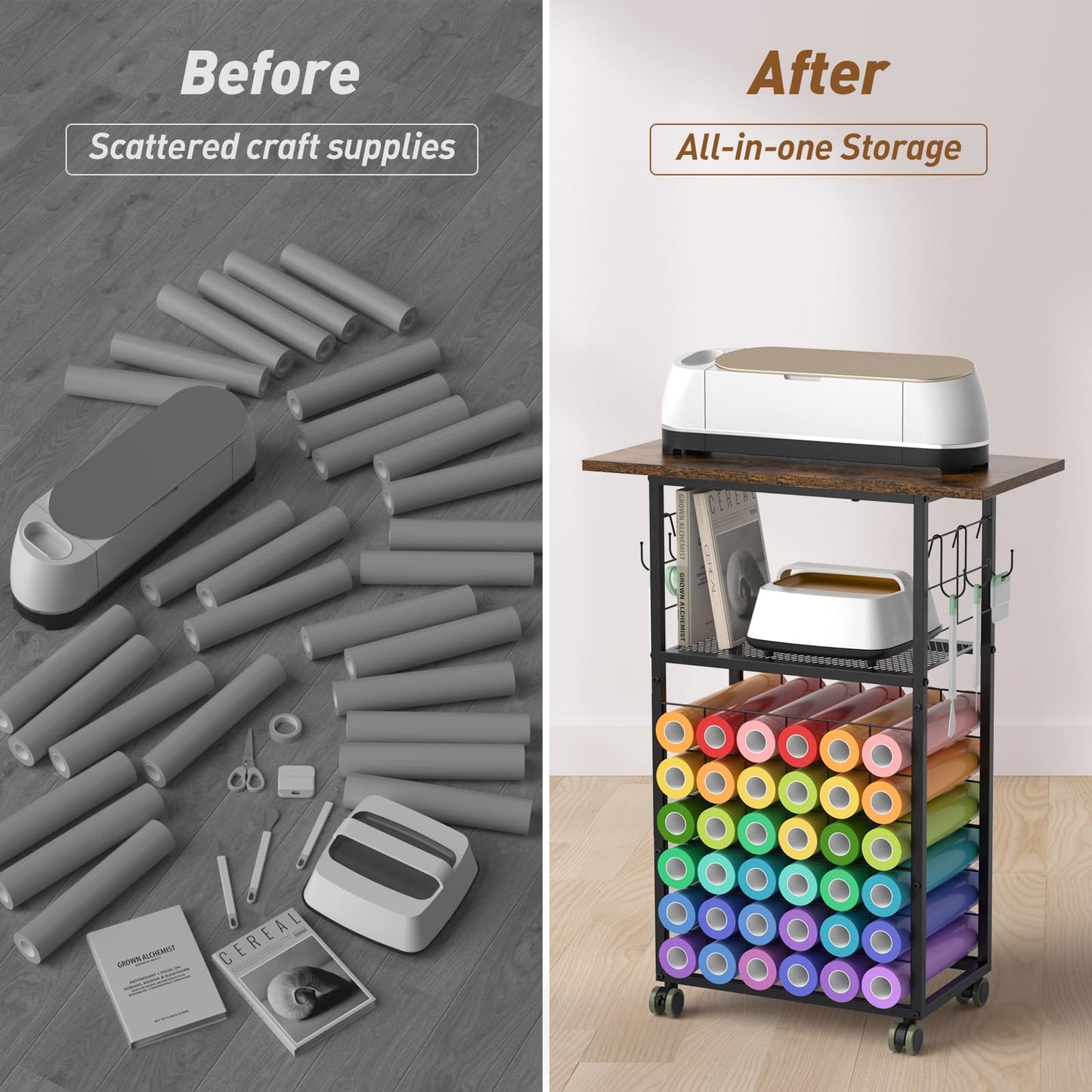 ikkle Rolling Craft Storage Cart with 36 Vinyl Roll Holders, Craft Organizers and Storage Compatible with Cricut Machines, Crafting Table Organization Workstation with Wheels for Craft Room