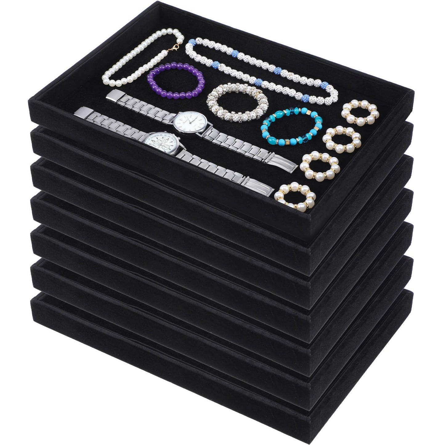 Xaajooio 6 Pcs Velvet Stackable Jewelry Tray, Jewelry Organizer and Display for Bracelets Rings Earrings Necklaces, for Drawer and Countertop Showcase, Black