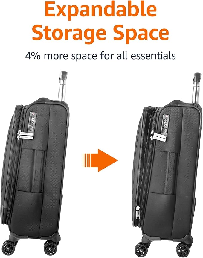 Amazon Basics 20" Luggage, Softside Suitcase With TSA Lock, 8 Spinner Wheels, Front Exterior Pocket, 3 Interior Pockets For Dry and Damp Clothes/Towels Separately, Black