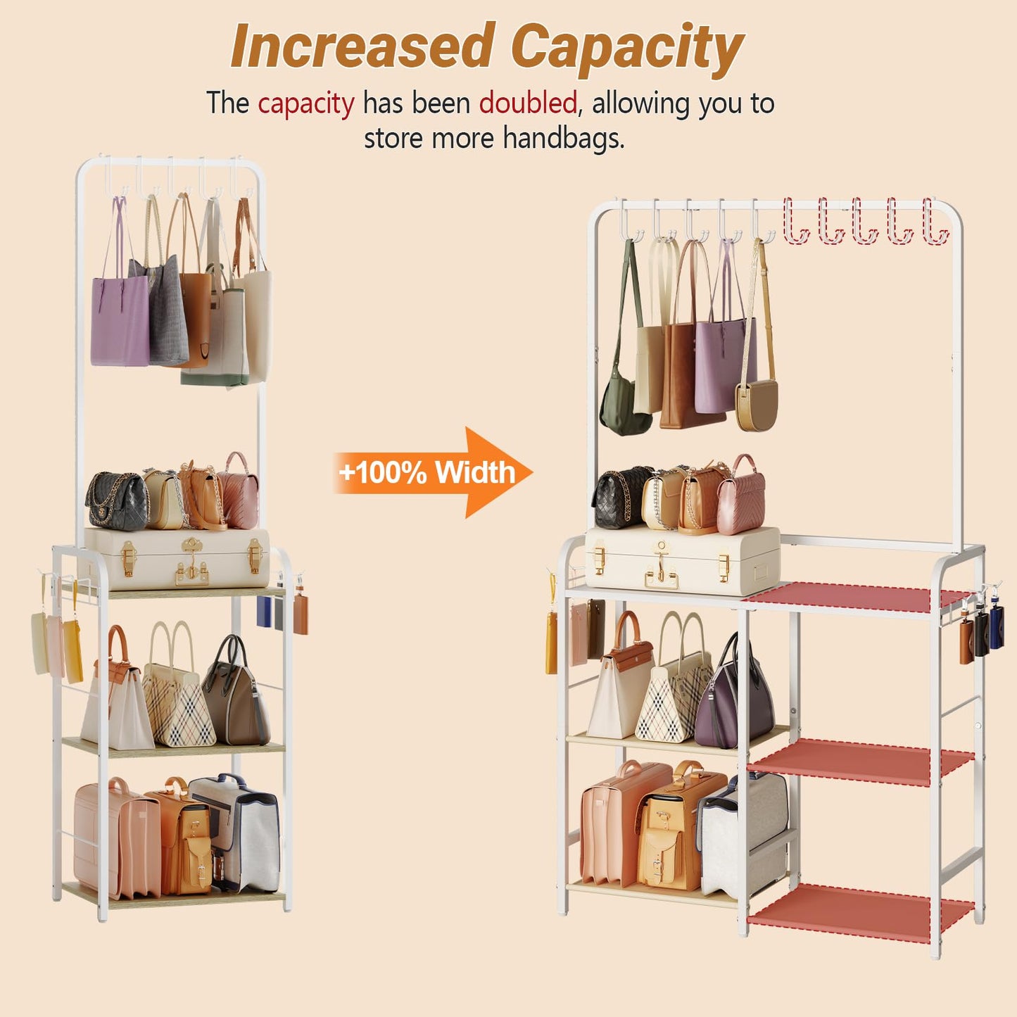 Large Purse Organizer for women with 10 Purse Hanger, 3-Tier Double Row Purse Rack Stand with 6 Side Hooks for Purse Storage, Space Saving Floor-Standing Handbag Organizer for Closet & Narrow Spaces