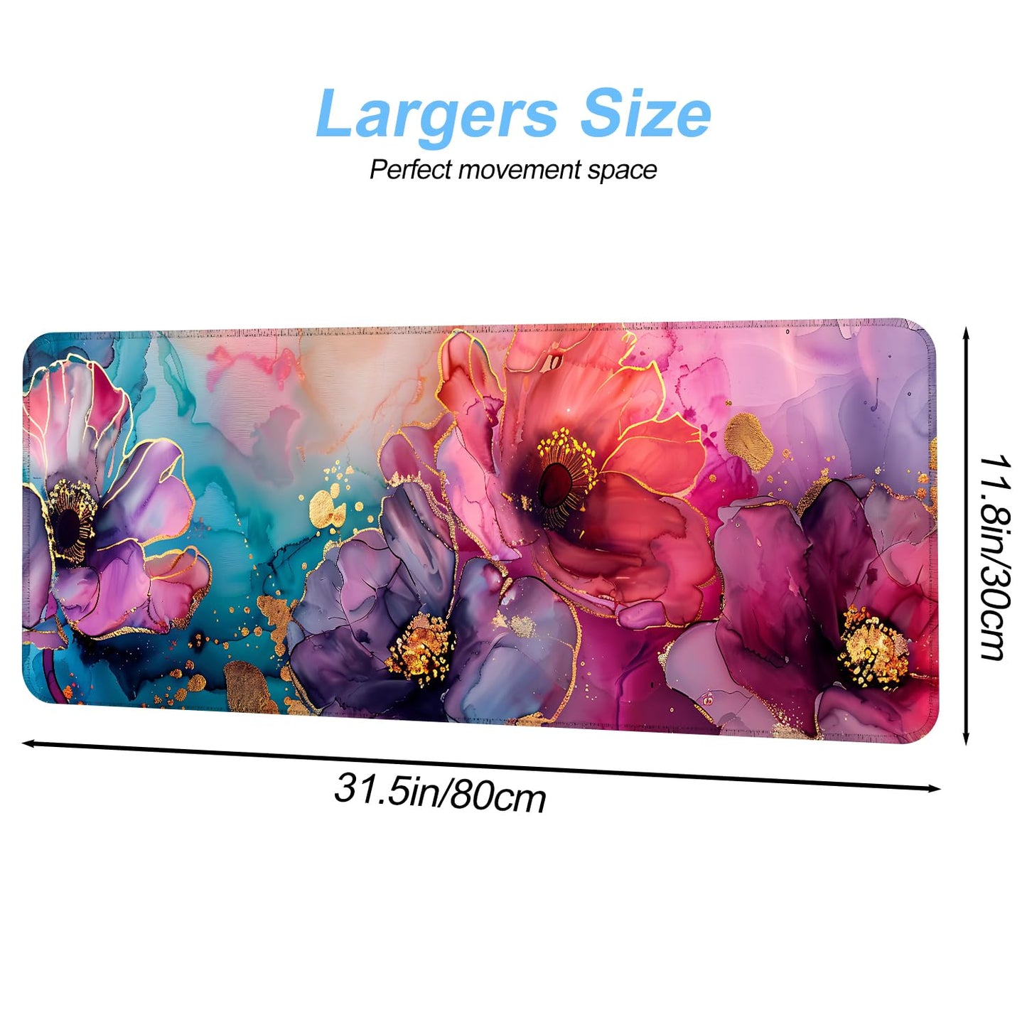Floral Mouse Pad XXL – Large Desk Mat with Abstract Alcohol Ink Flowers in Pink, Purple & Teal, Extended Mousepad with Non-Slip Base for Office, Workstation, Gifts,31.5 x 11.8 in